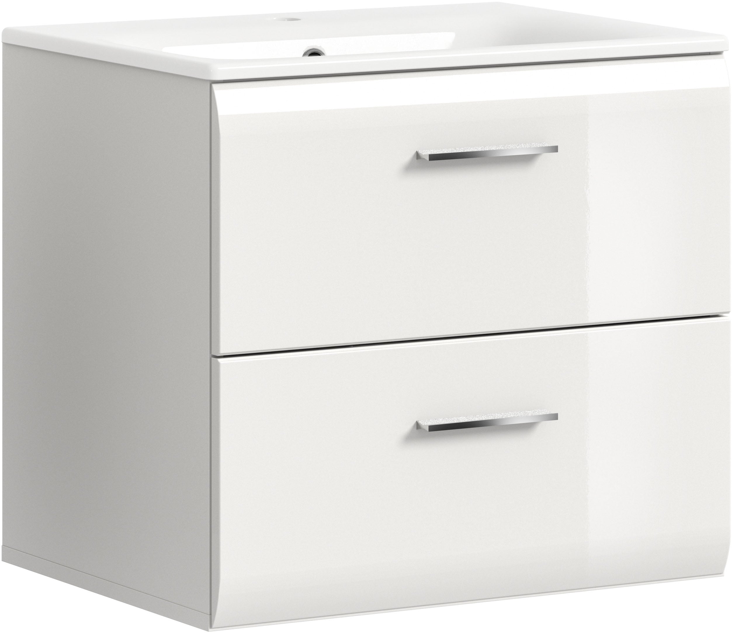 welltime Waschbeckenunterschrank "FLORENZ, Breite 60 cm, inkl. Waschbecken, hängende Montage" TOPSELLER, 2 Stk. tlg. hochwertige MDF Front, Griff chromglänzend, Badschrank, Bad