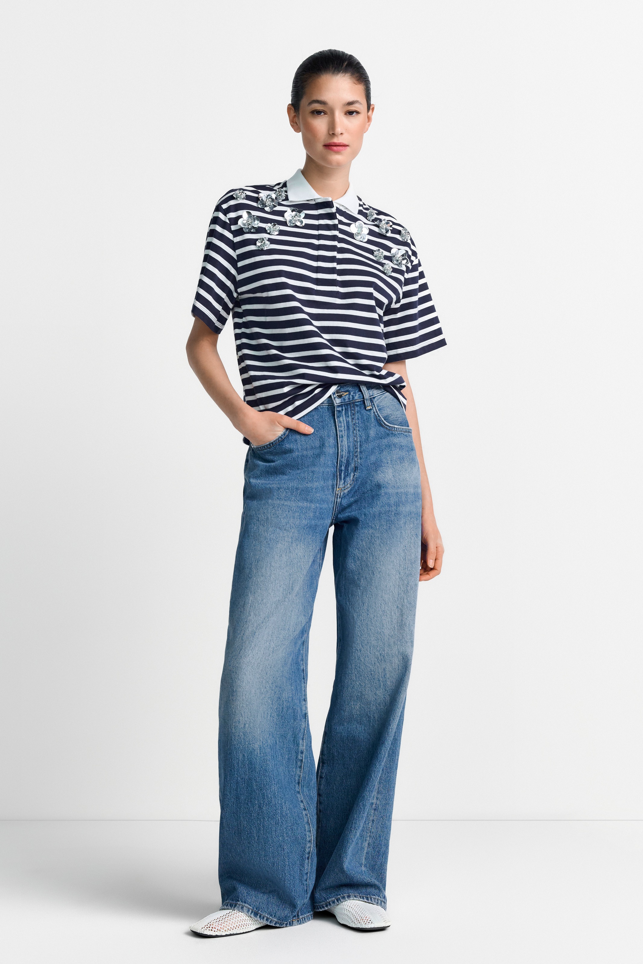 Thumbnail - RICHROYAL Poloshirt mit Blume-Applikationen, Gerade Form