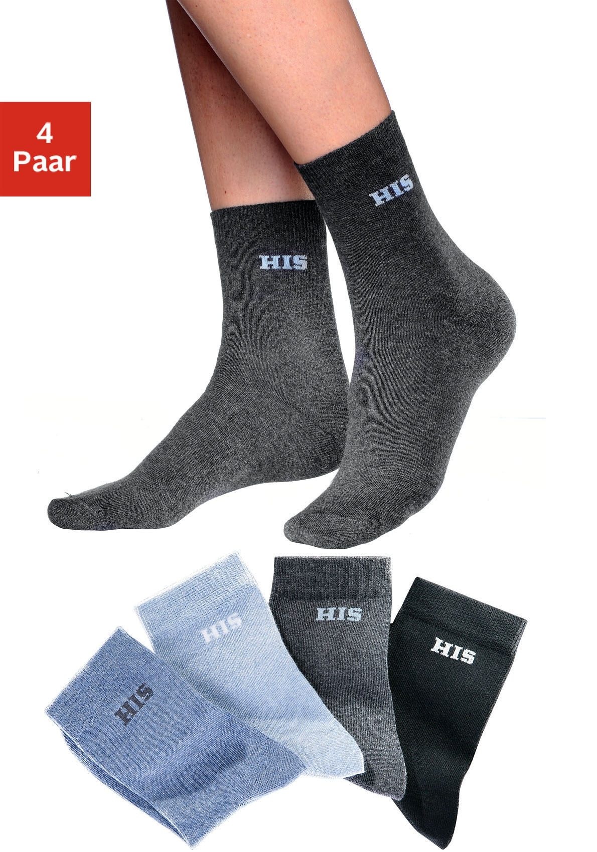 H.I.S Basicsocken "Damen Herren Ringel und uni Socken" Packung, 4 Paar tlg. mit eingestricktem Markenlogo