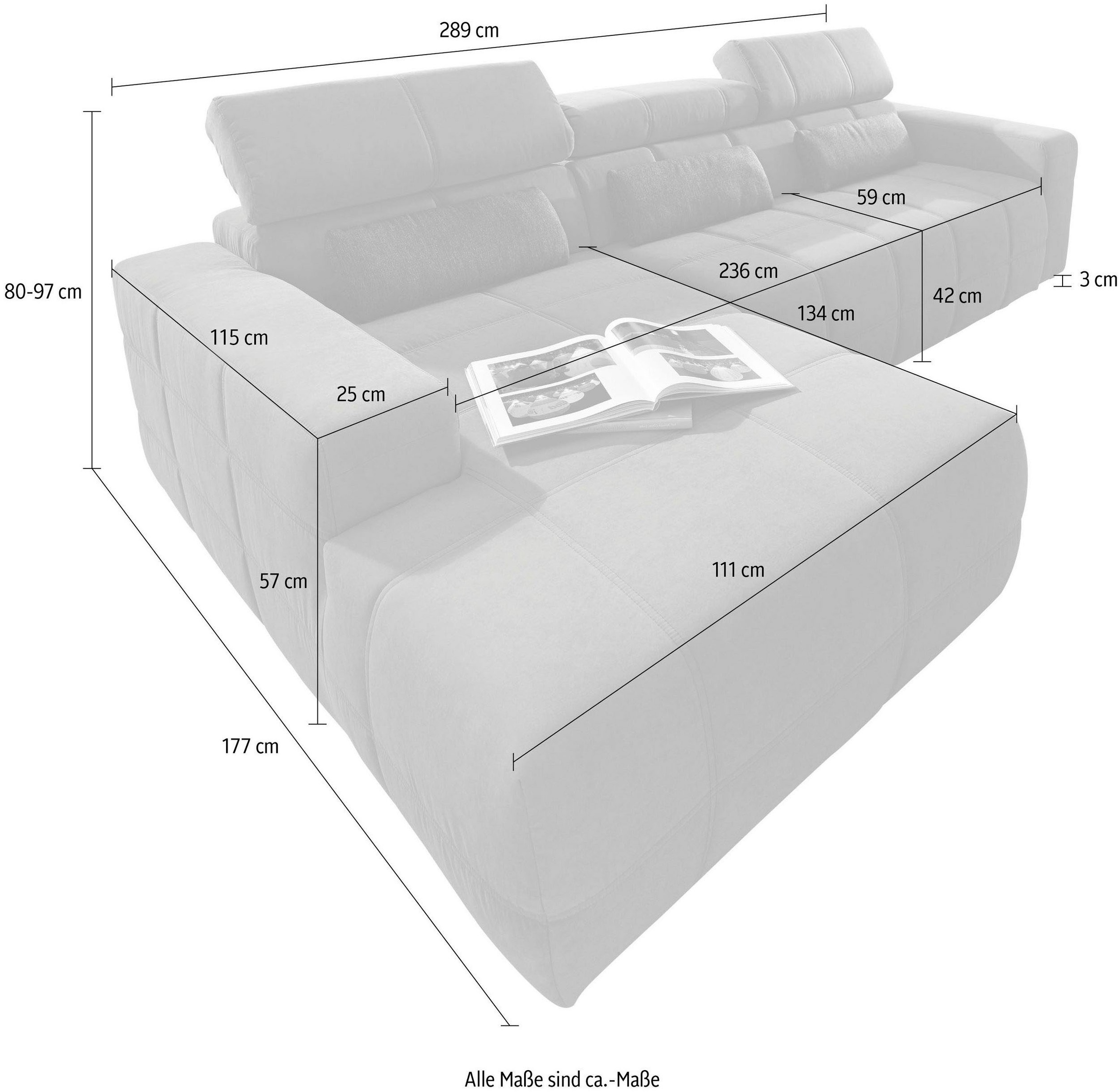 DOMO collection Ecksofa »Brandon große Ausführung B/T/H: 289/177/80 cm, auch in Leder und Cord«, mit Kopfteilverstellung, wahlweise Sitztiefenverstellung, L-Form