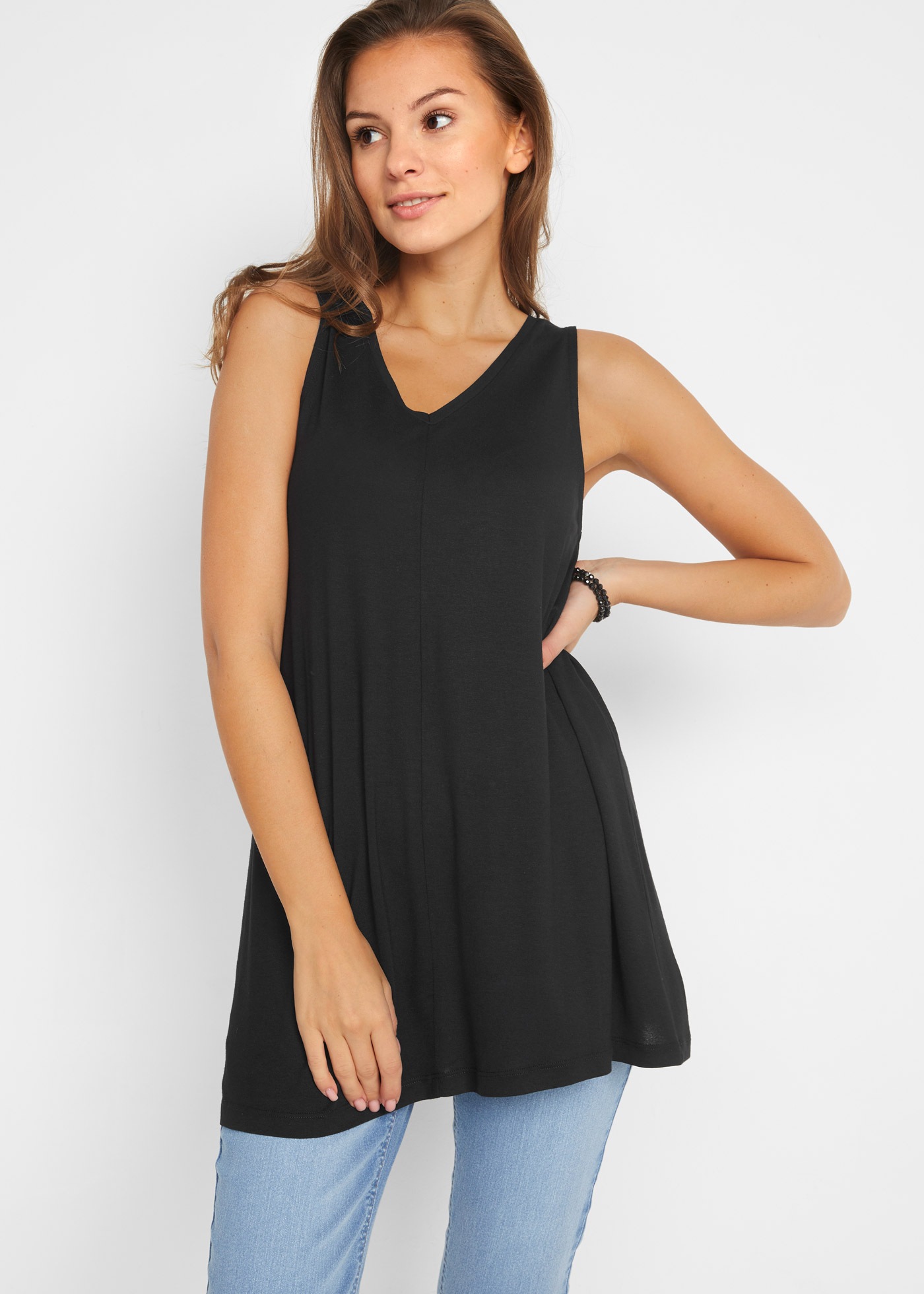 Longtop BONPRIX, Damen, Gr. 40/42 (M), schwarz, Jersey, Obermaterial: 95% Viskose, 5% Elasthan, unifarben, A-Linie ca. Mitte Oberschenkel, V-Ausschnitt, Tops, A-Linie, V-Ausschnitt, aus Viskose und Elasthan