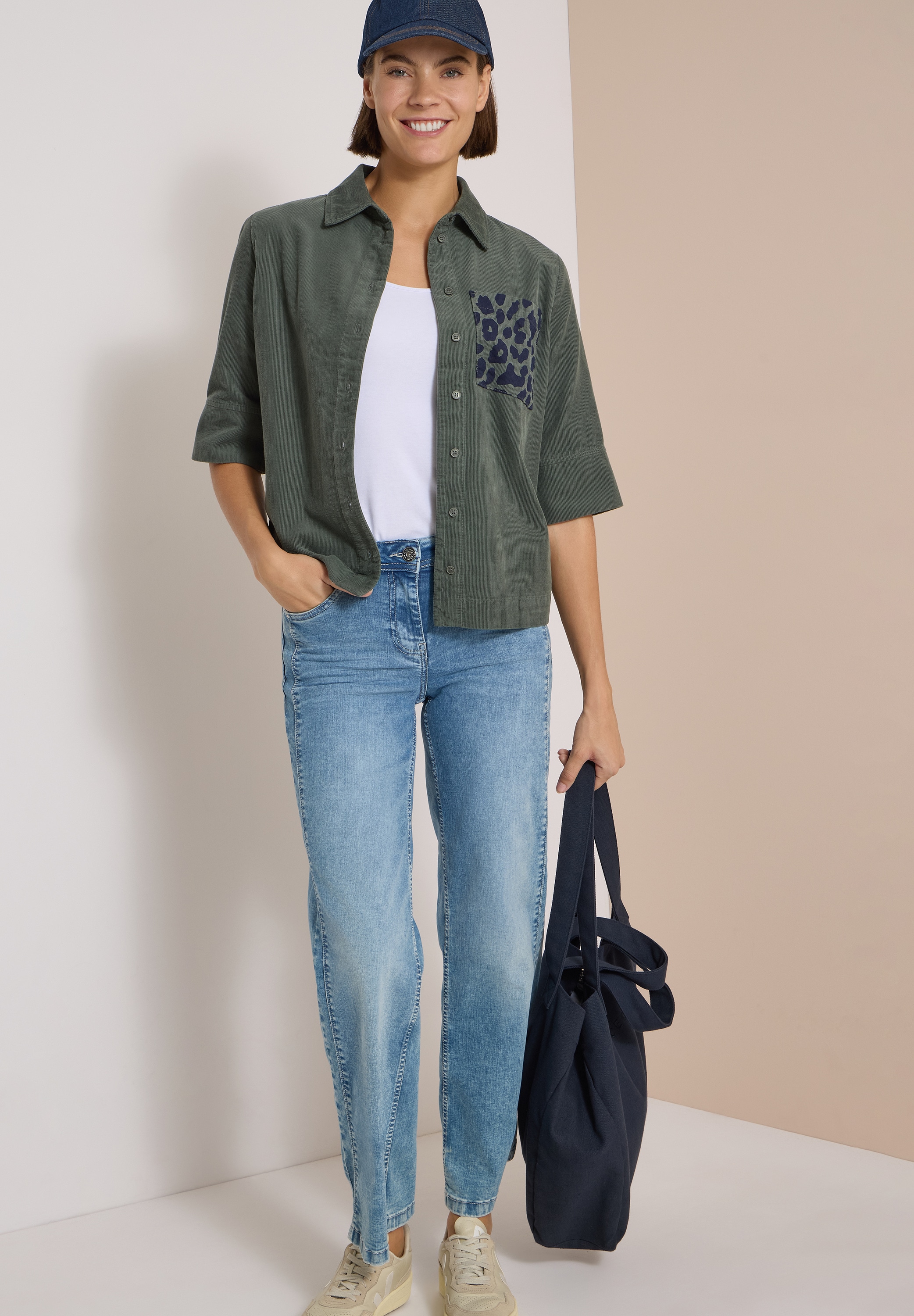 Cecil Kurzarmbluse Sommerbluse aus Cord mit Leo-Brusttasche