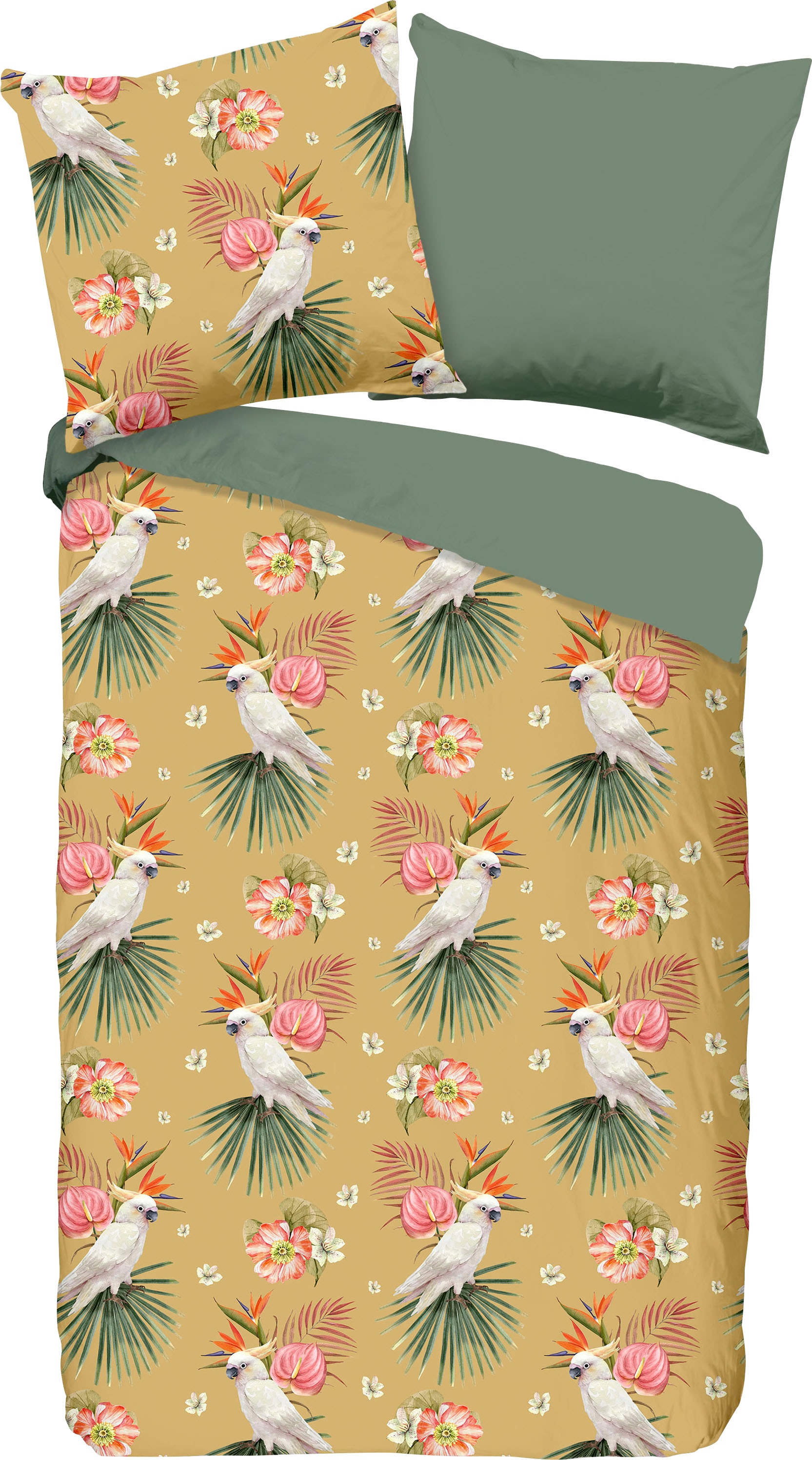 PURE luxury collection Wendebettwäsche "Kakatoe" 2 Stk. Mikrofaser, 135x200, Pflegeleicht, Reißverschluss, Wendeoptik, Vogel