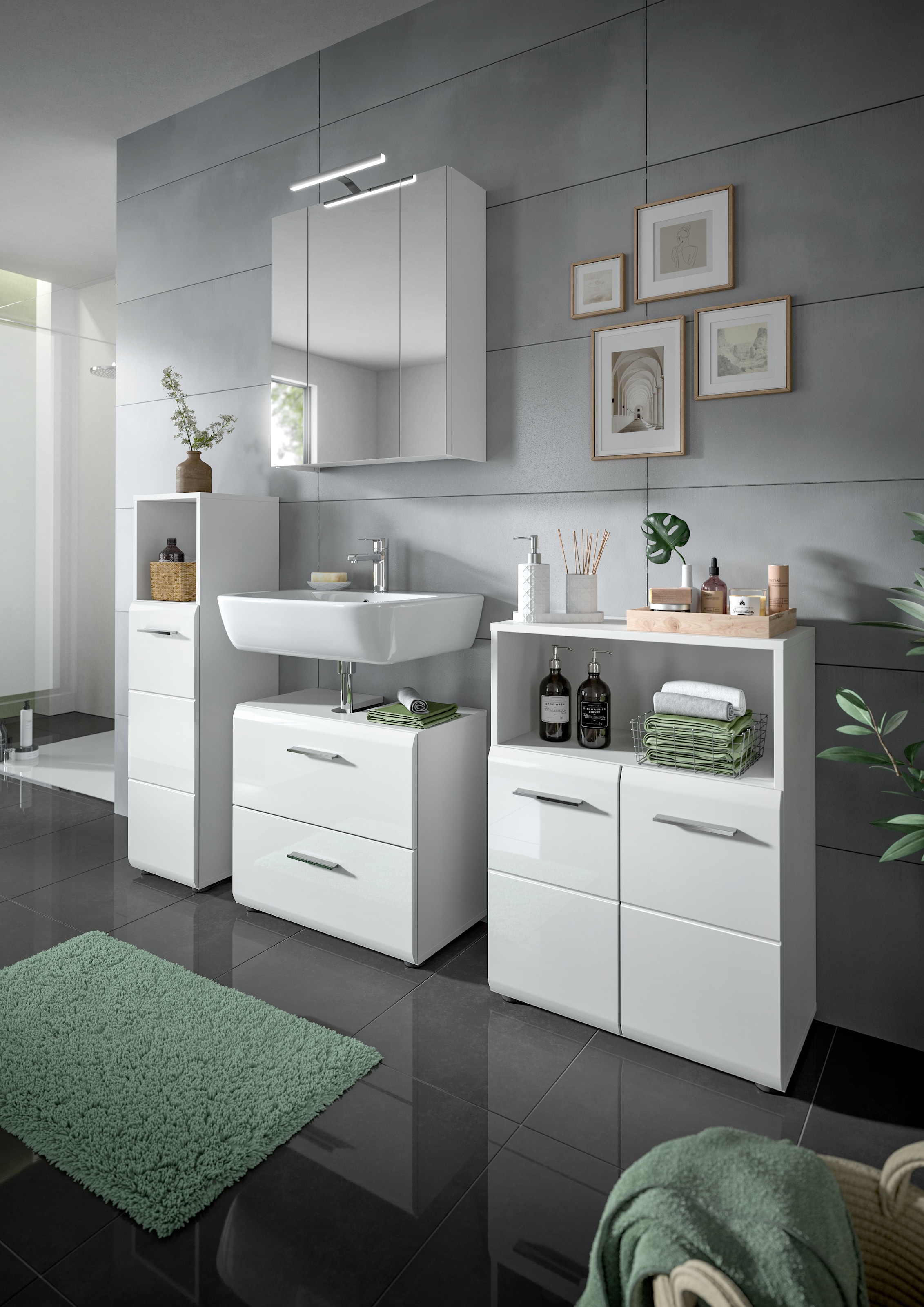 INOSIGN Midischrank »FLORENZ, TOPSELLER!, Höhe 110 cm, 1 Tür, 2 Fachböden, 1 offenes Fach«, Türanschlag wechselbar, hochwertige MDF Front, Badschrank, Bad