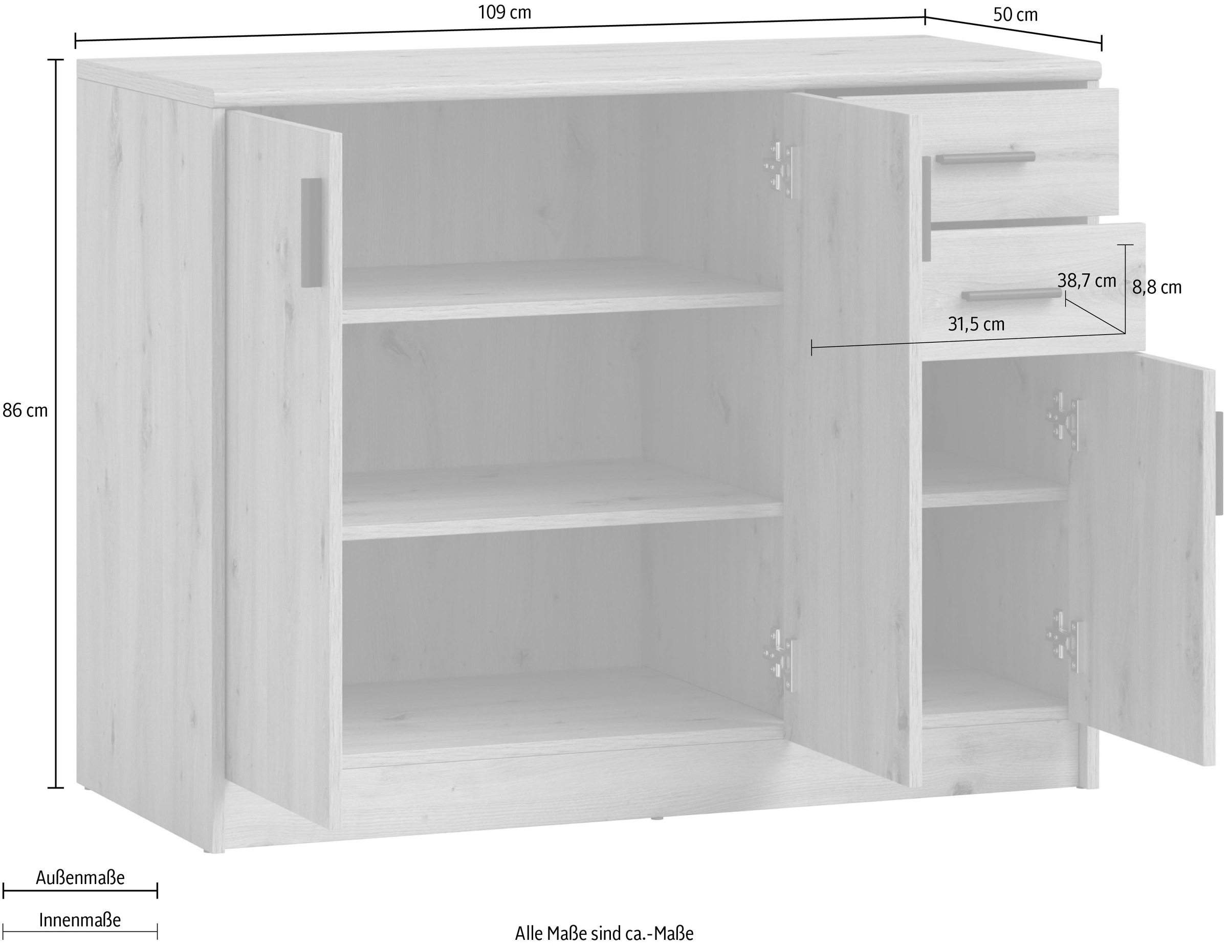 HBZ Sideboard »Nelly Kommode, BxHxT 109x86x50cm«, (1 St.), Breite 109cm, Einlegeböden verstellbar, foliert