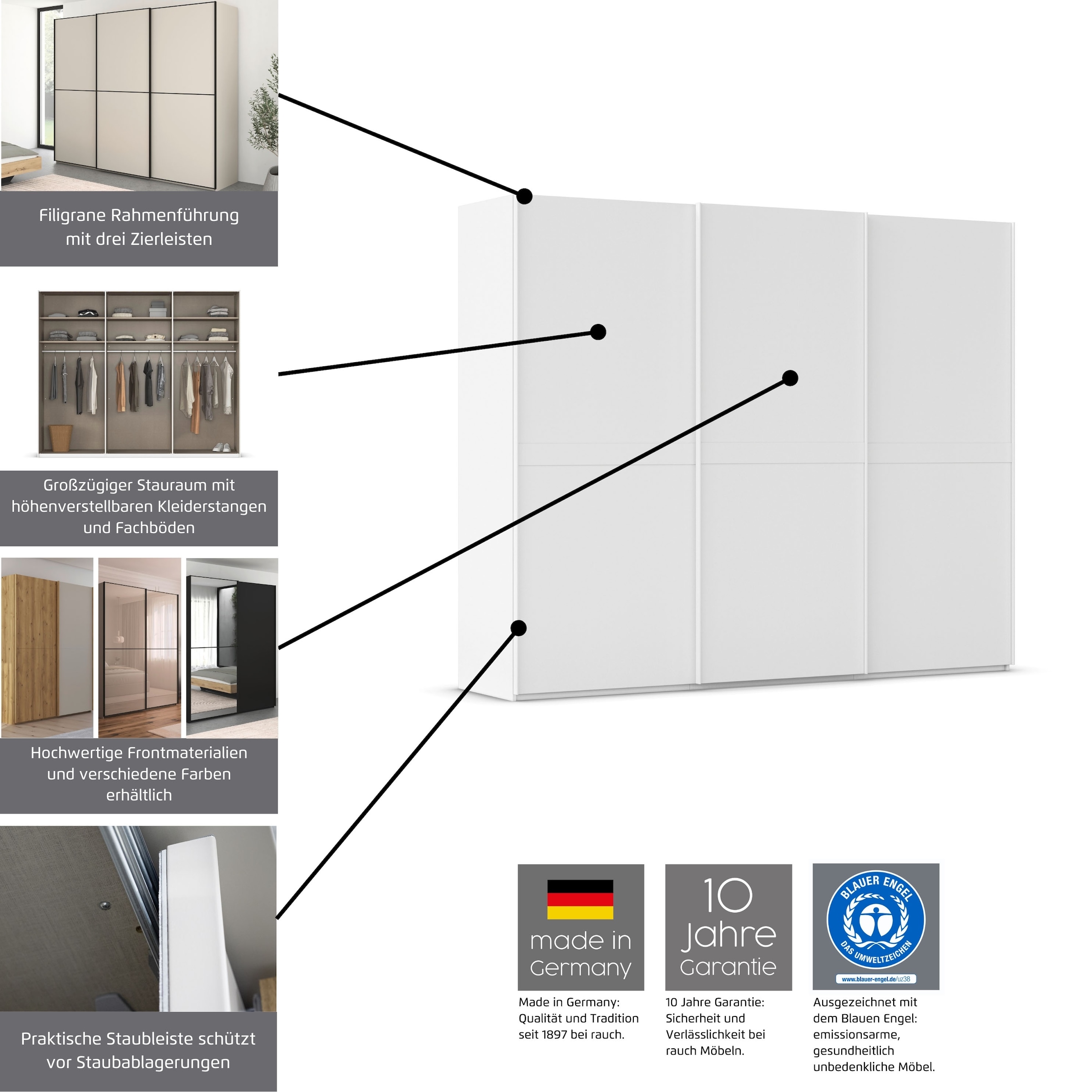 rauch Schwebetürenschrank »Kleiderschrank Schrank Garderobe Schlafzimmerschrank SCALE-DUO«, edle zweigeteilte Türen, Spiegel und 3 Zierleisten MADE IN GERMANY