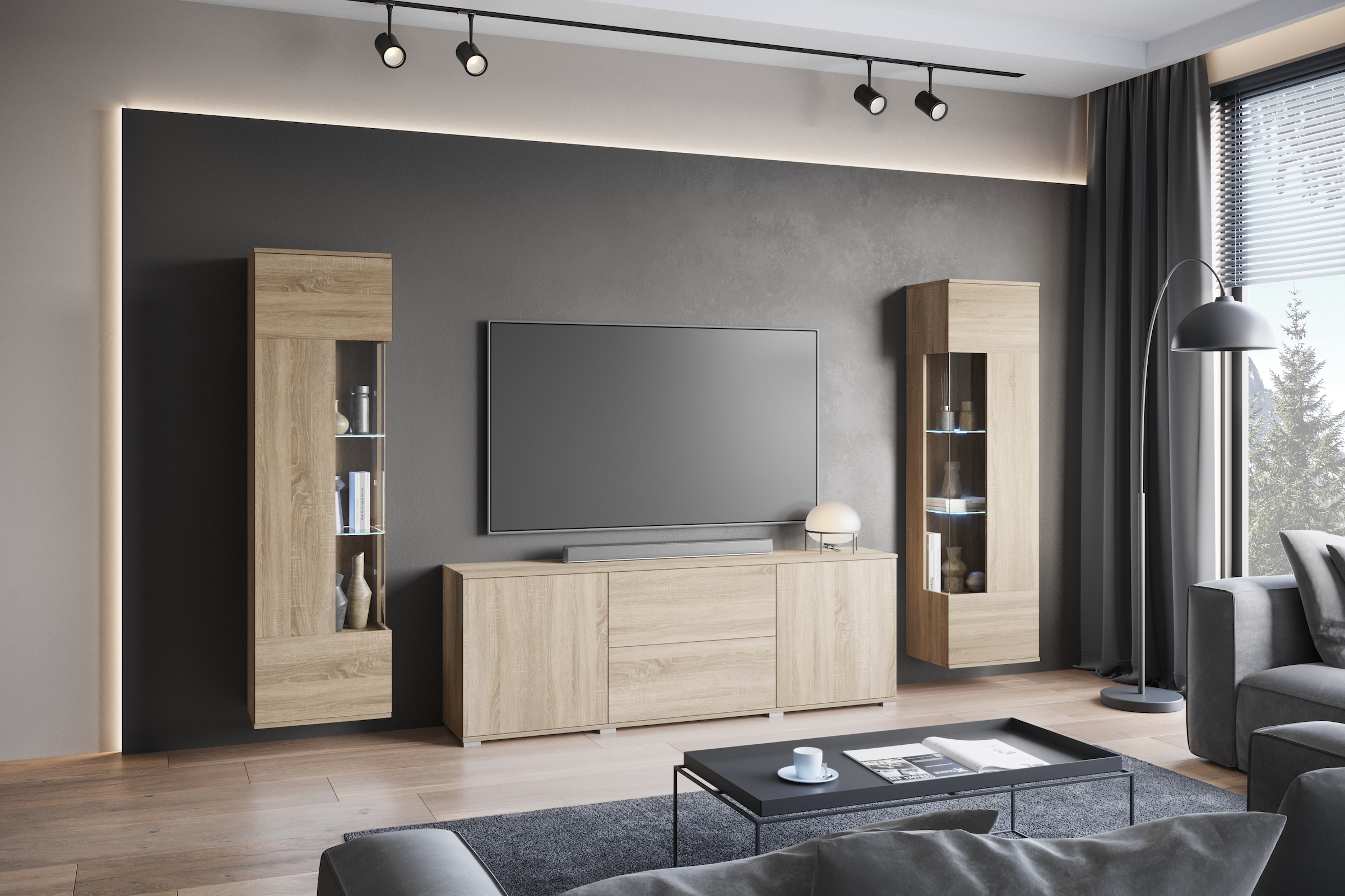 INOSIGN Wohnwand »KENIA«, (Komplett-Set, 3 St.), Vitrinen mit Eckverglasung, hängend und stehend montierbar