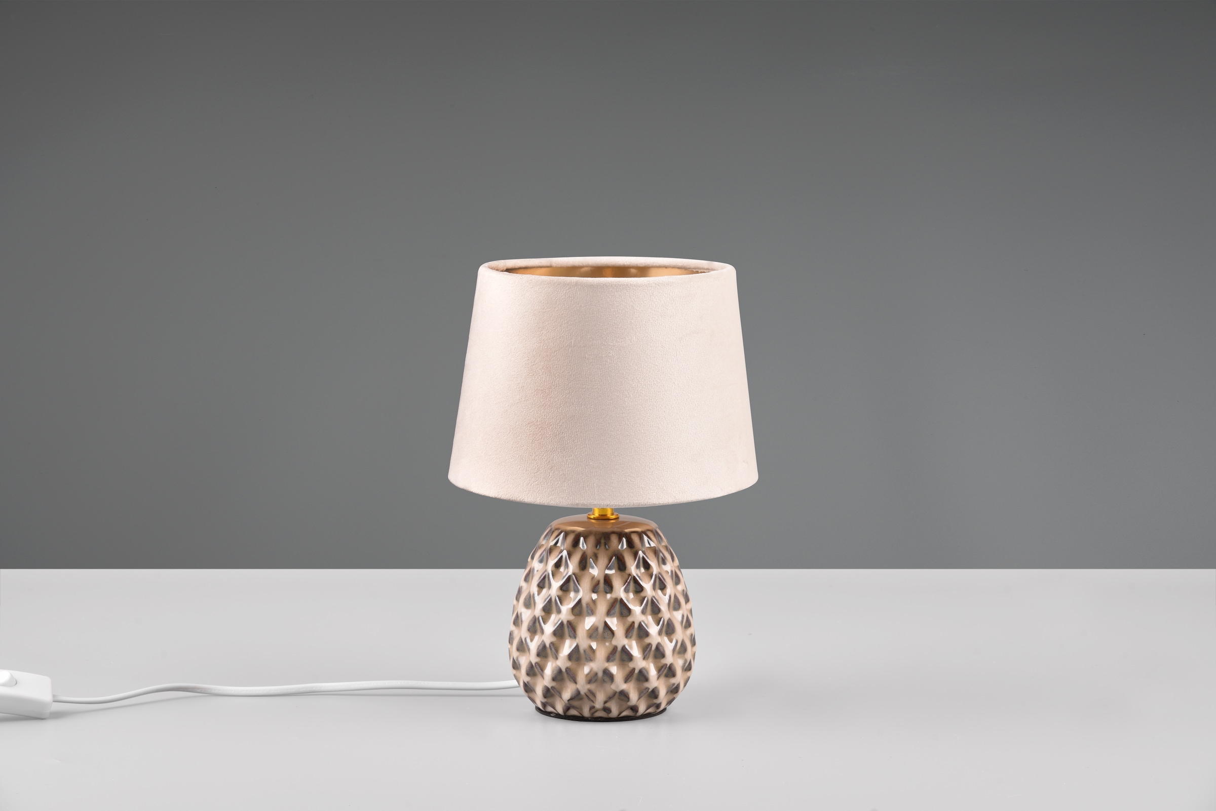 REALITY Leuchten Schreibtischlampe »ARIANA Tischleuchte exkl 1xE14 max40W Höhe 27cm Ø 18cm Nachttischlampe«, 1 flammig, Leuchtmittel E14 | Leuchtmittel wechselbar, Struktur Keramik Samt Schirm innen gold,Tischlampe mit Schnurschalter