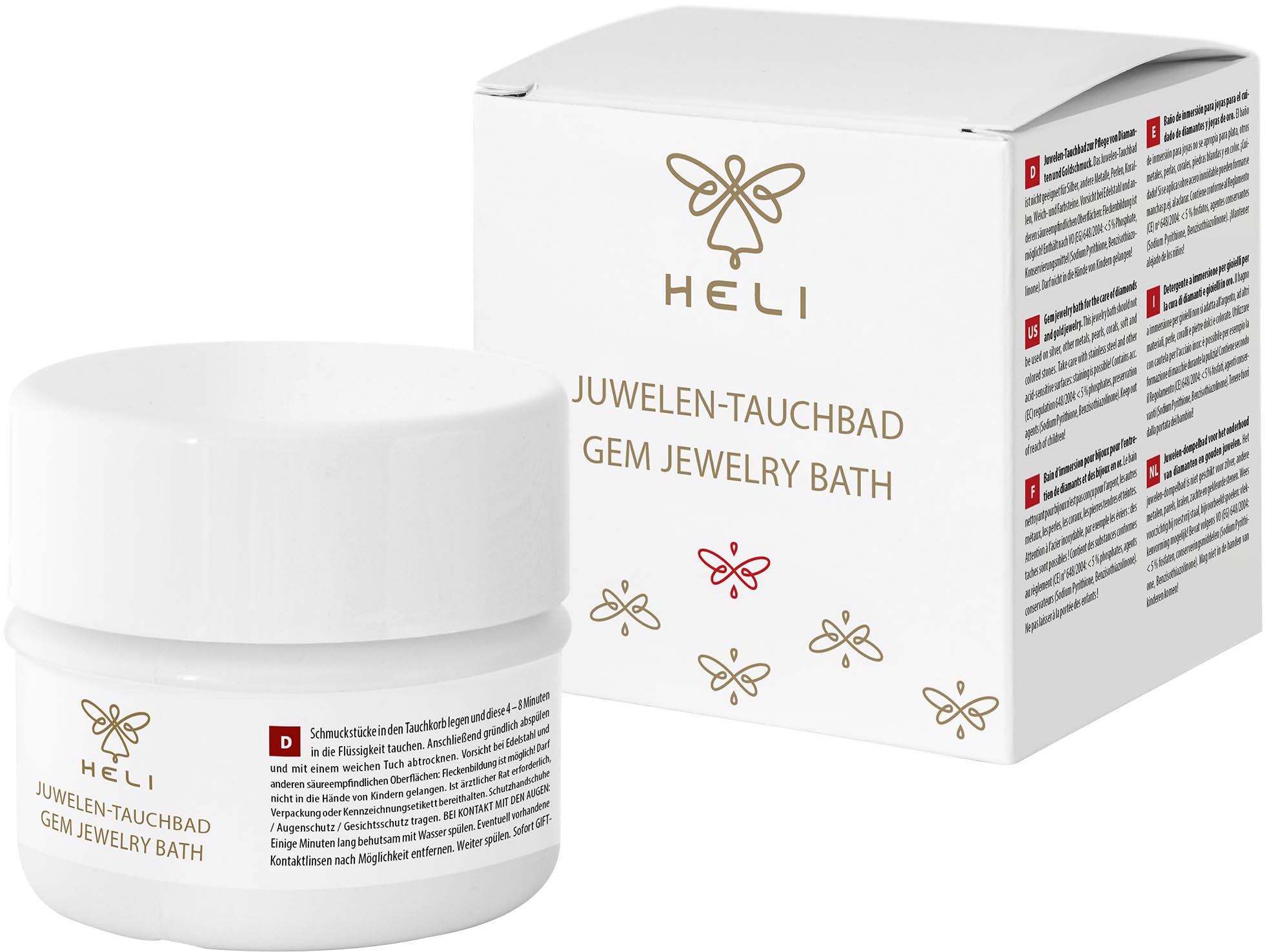 HELI Schmuckreiniger "Schmuck Geschenk Schmuckpflege Juwelen-Tauchbad Diamanten+Goldschmuck", 150ml, weiß, B:7,3cm H:7,3cm T:7,3cm, Reinigungsmittel,