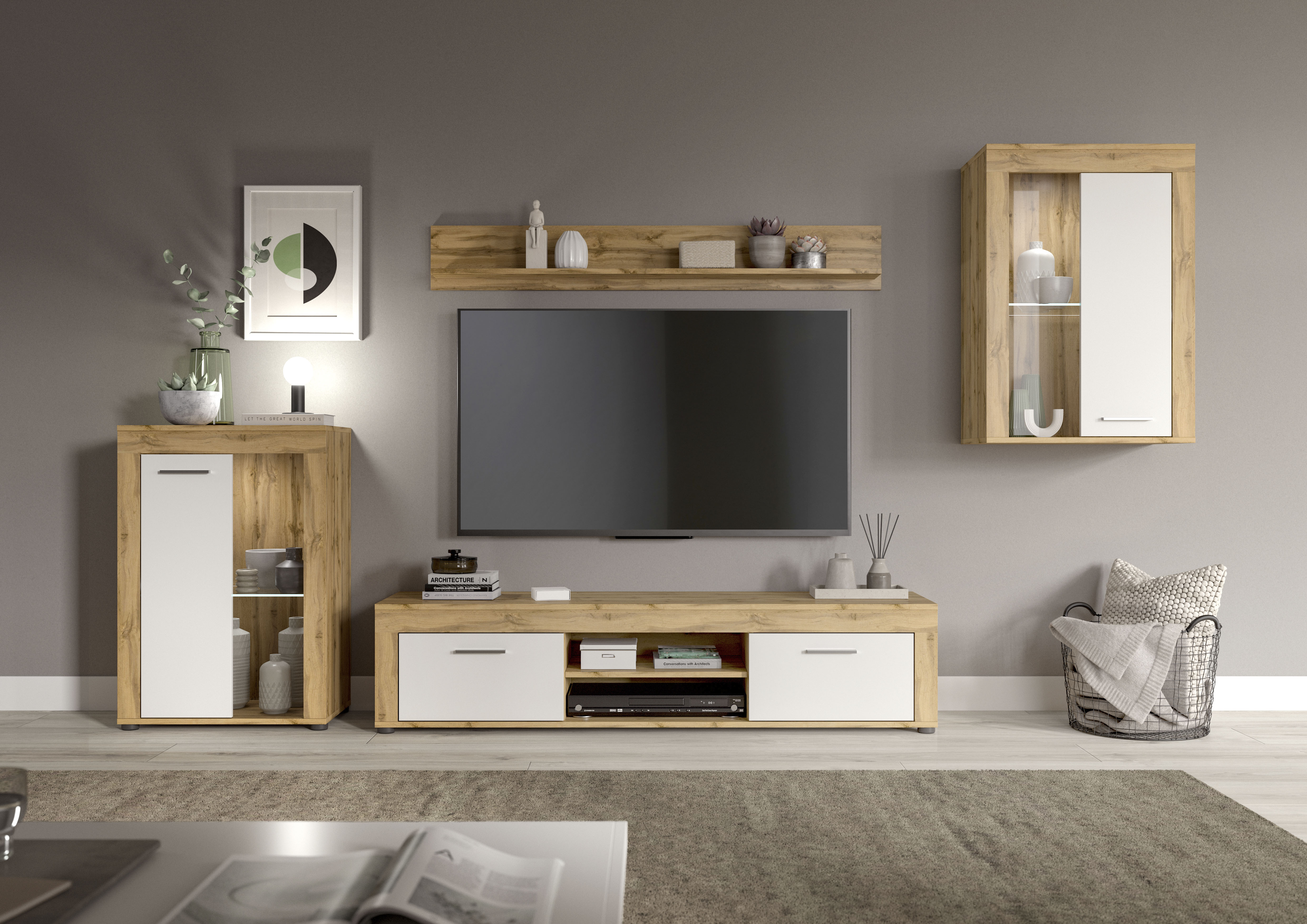 OTTO home Wohnwand "AOSTA, Breite 310cm, 4-teilige Wohn-Kombination" bestehend aus: 2x Vitrine, Lowboard & Wandboard, 4 Stk. tlg.