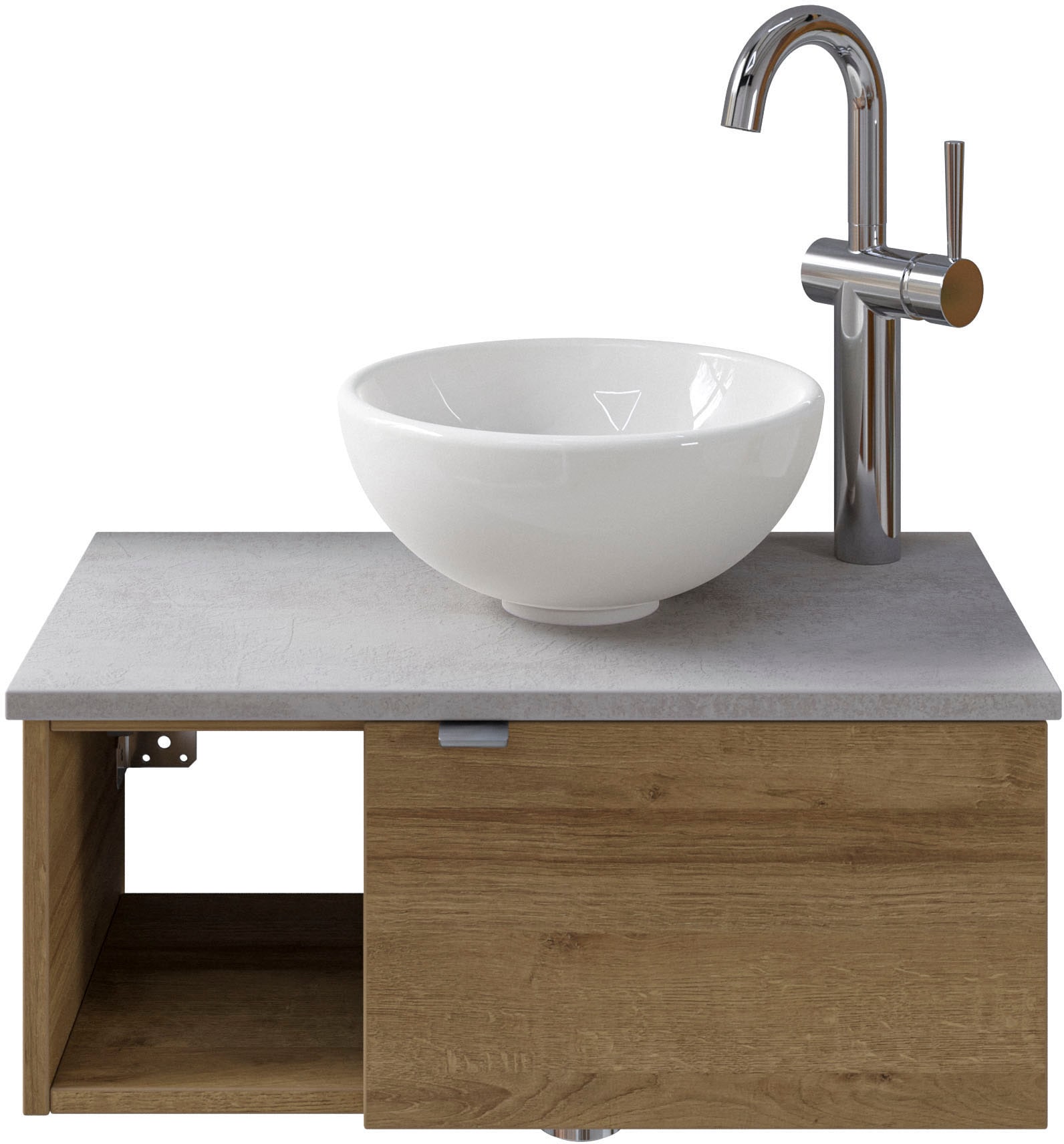 Saphir Waschtisch "Serie 6915 Waschschale mit Unterschrank für Gästebad, Gäste WC" Keramik-Aufsatzbecken, Waschtischplatte, Waschtischunterschrank, 3 Stk. tlg. 61 cm breit, 1 Tür, offenes Fach, kleine Bäder, ohne Armatur
