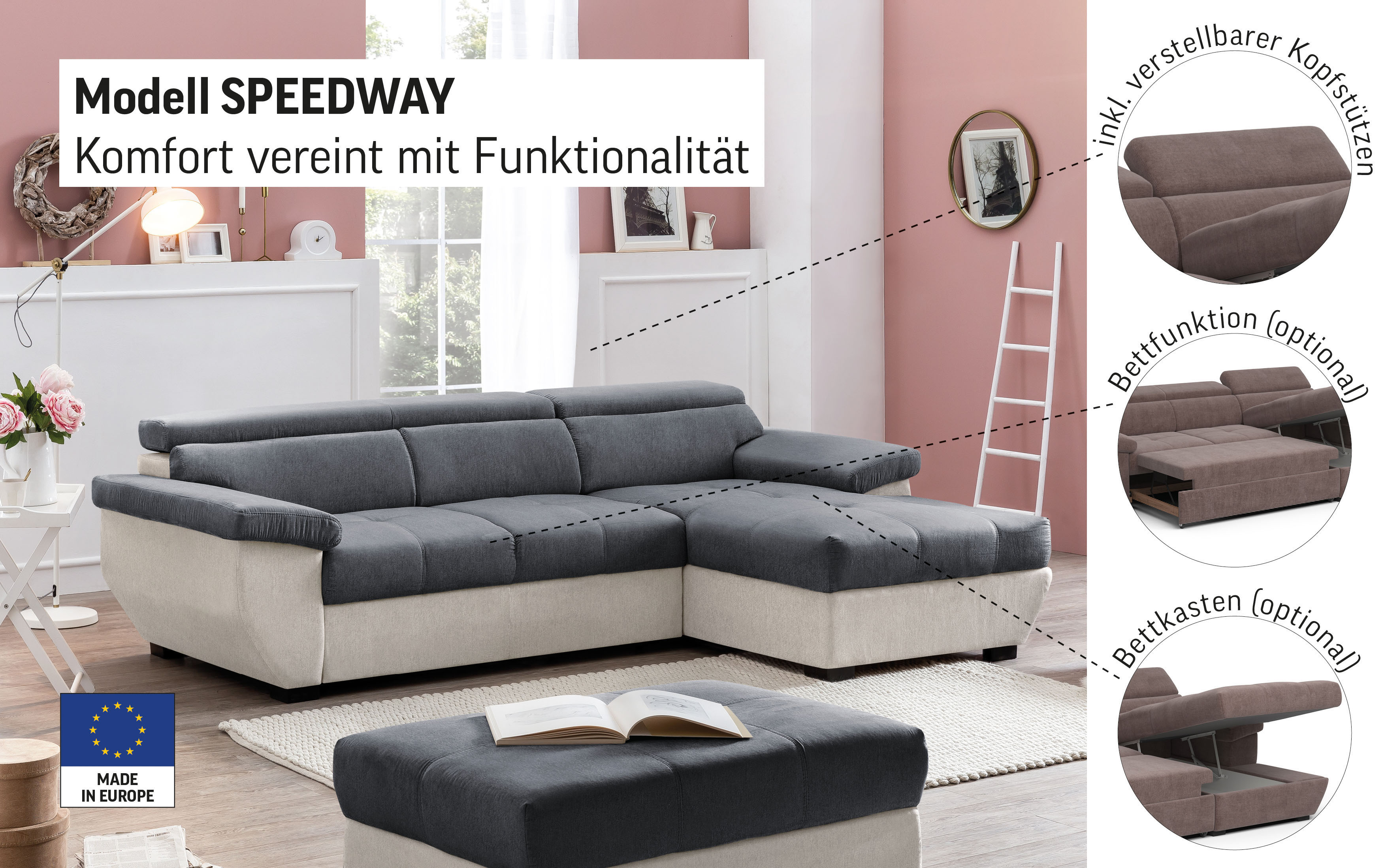 Thumbnail - COTTA Ecksofa "Speedway L-Form" mit Kopfteilverstellung, wahlweise mit Bettfunktion & Bettkasten