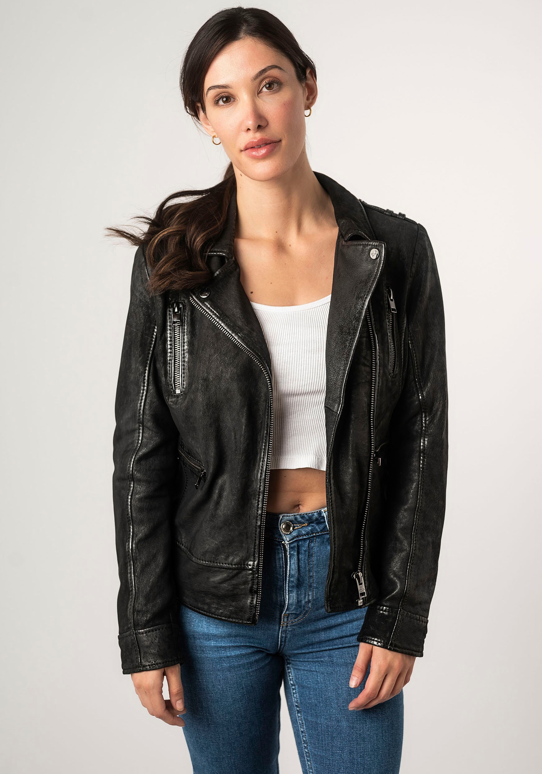 Mauritius Lederjacke »2Wtashi«, mit Schulterklappen, mit Nieten, mit Zipper-Taschen