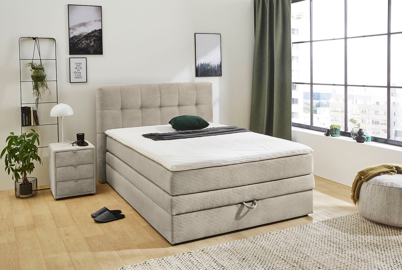 Jockenhöfer Gruppe Boxspringbett "AMY mit Bettkasten, inkl. Bonnell- oder Taschenfederkernmatratze H2-H4" mit 6 cm Kaltschaum-Topper, Cord-Bezug, 120x200 und 140x200 cm