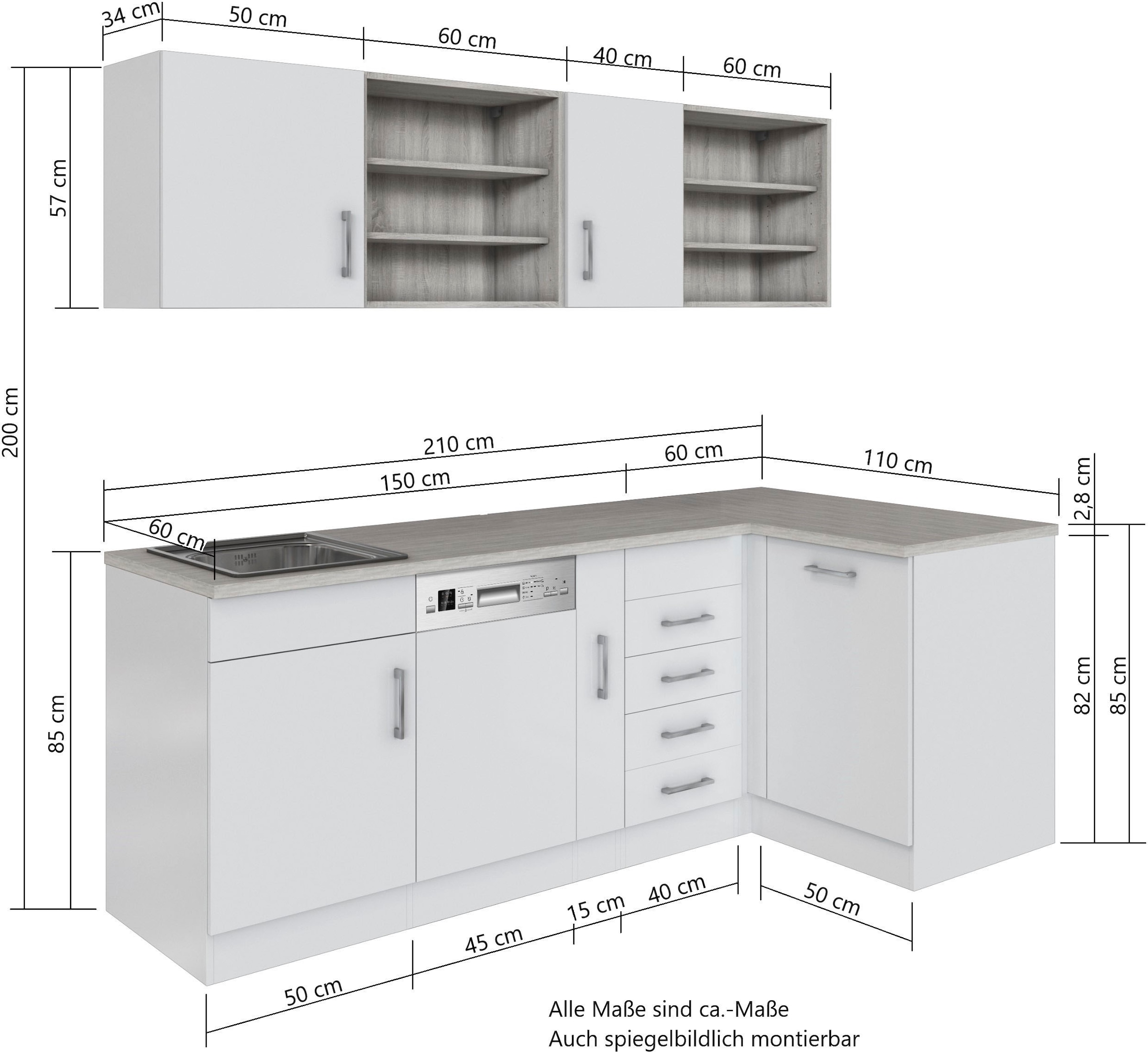 KOCHSTATION Küche »KS-Mali« Stellbreite 210/110 cm, mit E-Geräten
