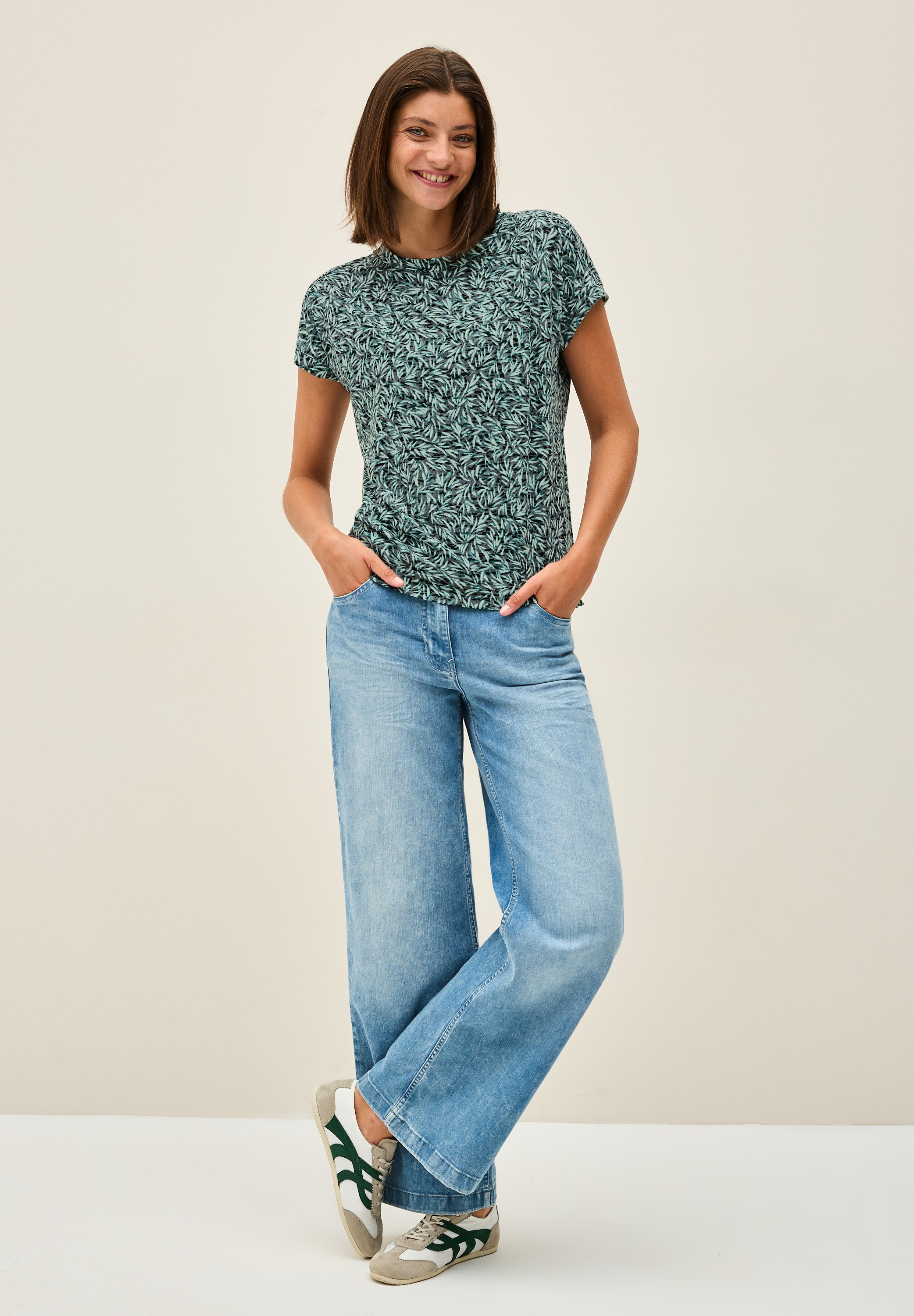 Rundhalsshirt CECIL, Damen, Gr. XXL (46), grün (ink grün), Stoff, 65% Polyester, 35% Viskose, gemustert, normal normal, Rundhals, Umschlagbund, Shirts Rundhalsshirt, mit grafischem Muster 2