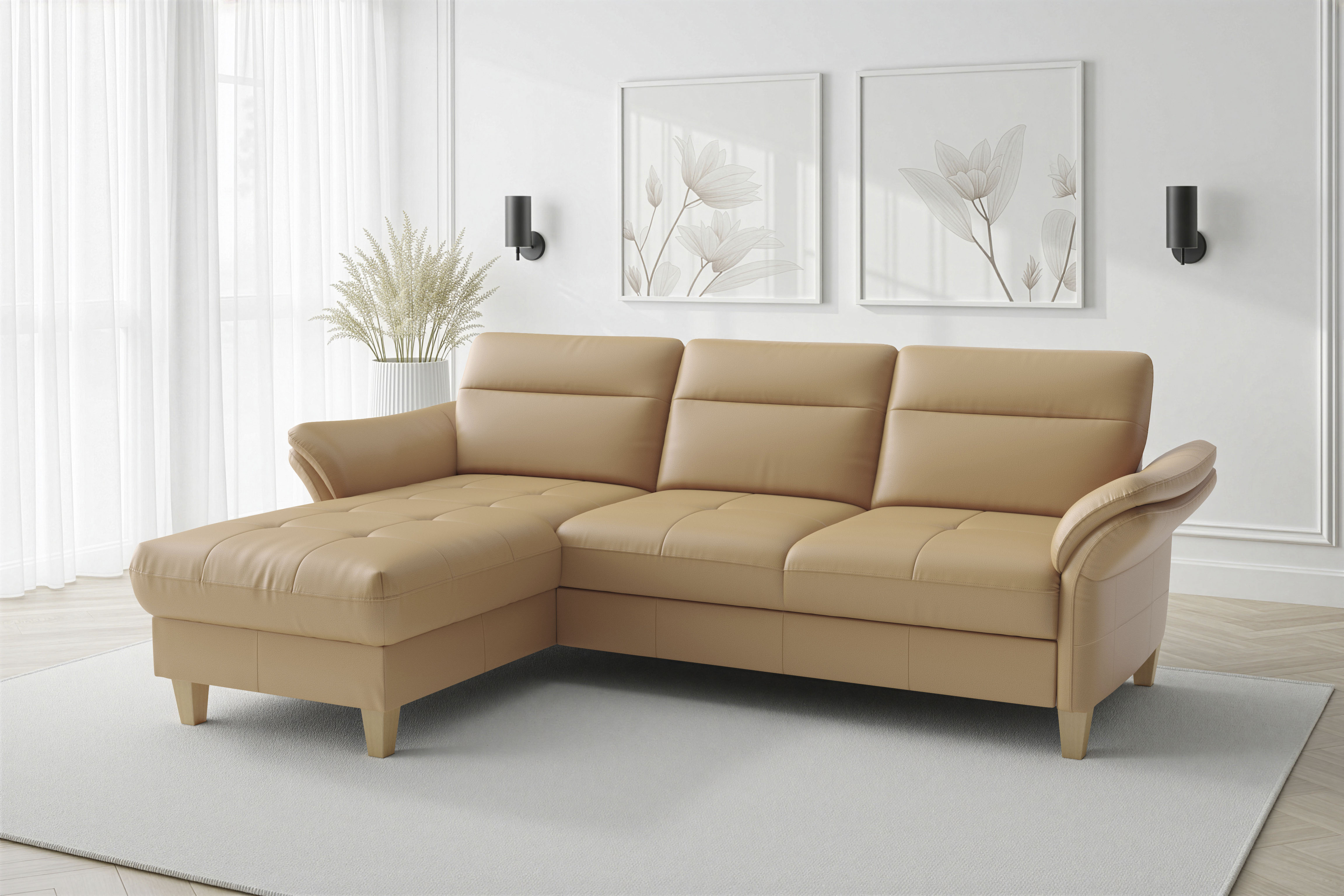 sit&more Ecksofa "Pamela L-Form, Leder, B: 218 und 230 cm mit Recamiere links od. rechts" optional Armteilverstellung, Schlaffunktion & Bettkasten