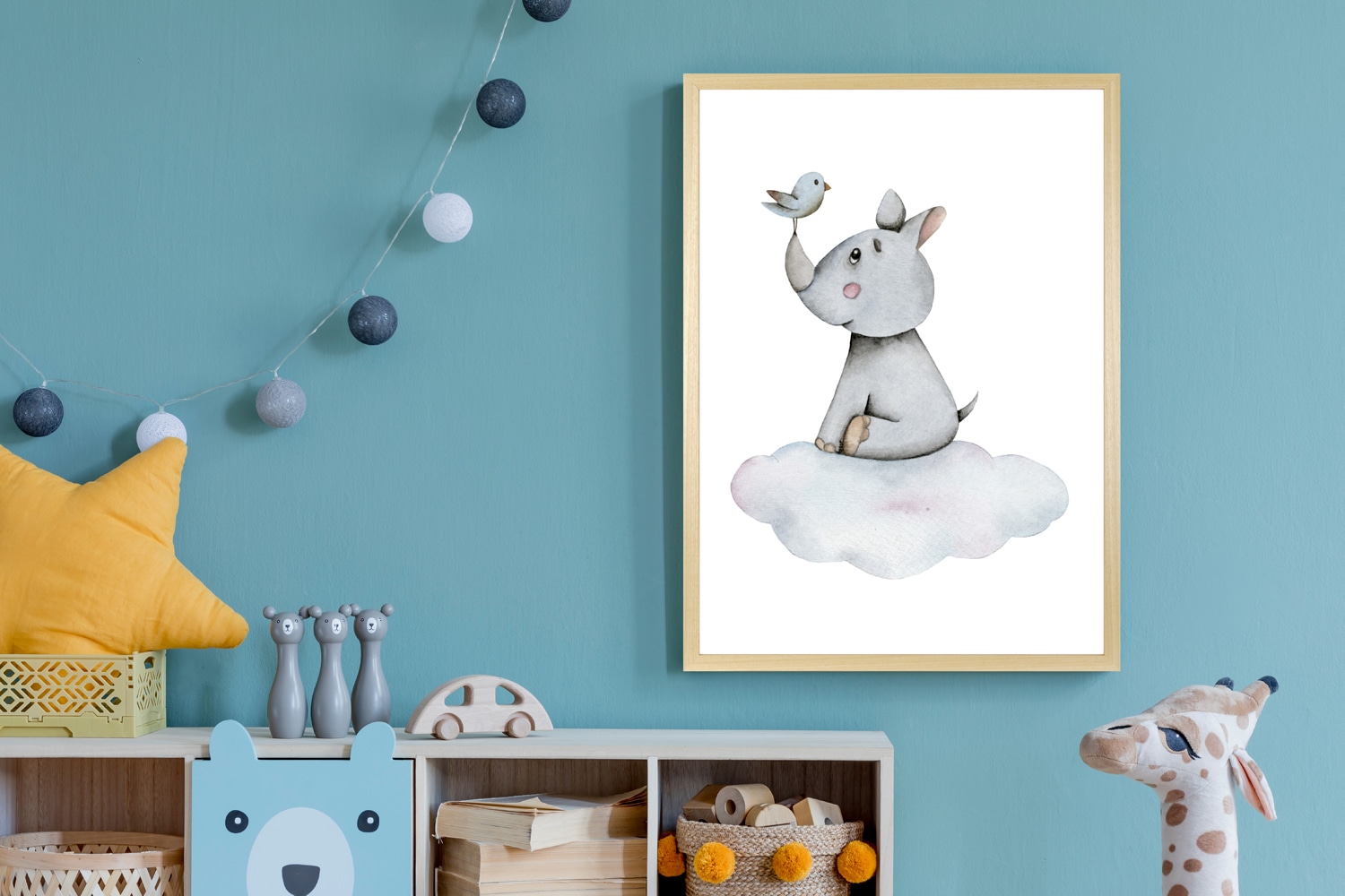 queence Bild mit Rahmen »Nashorn mit Vogel auf Wolke«, Fantasy-Himmel-Himmelsbilder-Nashorn-Tiere-Vögel-Vogelbilder-Wolken, (1 St.), HD Premium Posterdruck mit Echtholzrahmen