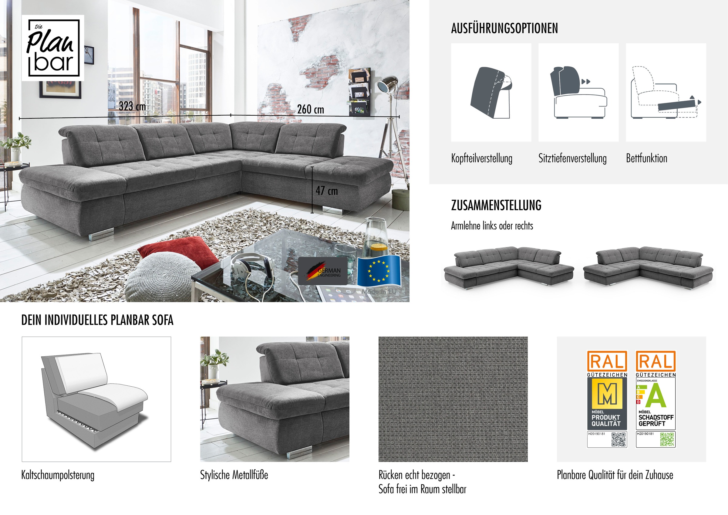 Ecksofa DIE PLANBAR "MP-IN17004 L-Form, Breite 323 cm, wahlweise weitere Funktionen", silber, B:323cm H:84cm T:124cm, 100% Polyester, Sofas, Ecksofa, Kaltschaum-Polsterung, inkl. Sitztiefenverstellung 2
