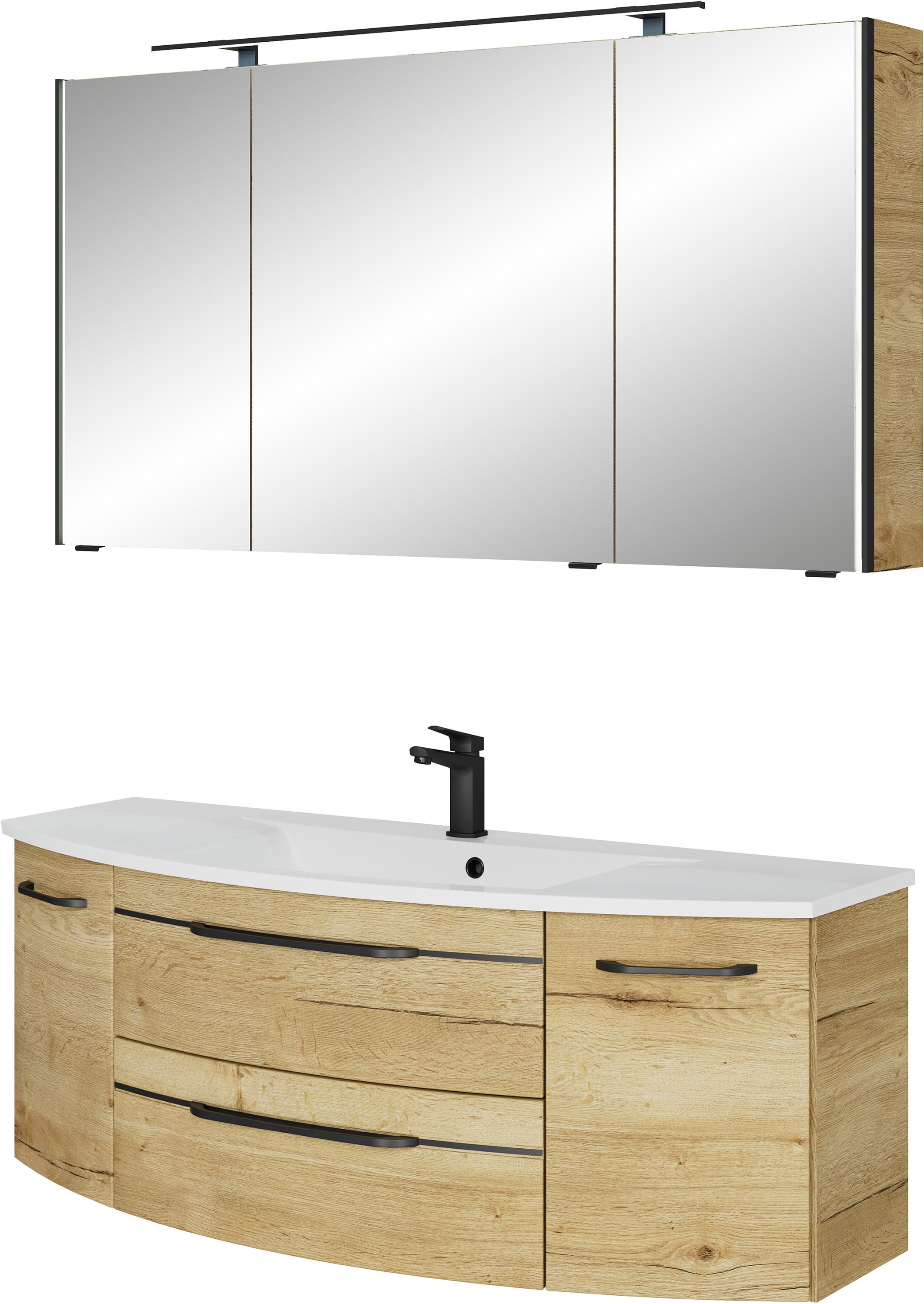 Saphir Badmöbel-Set »Serie 7045 2-teilig Mineralmarmor-Waschtisch mit LED-Spiegelschrank«, (Set, 2 St.), Badezimmer-Set 133,2 cm breit, inkl. Türdämpfer, 5 Türen, 2 Schubladen
