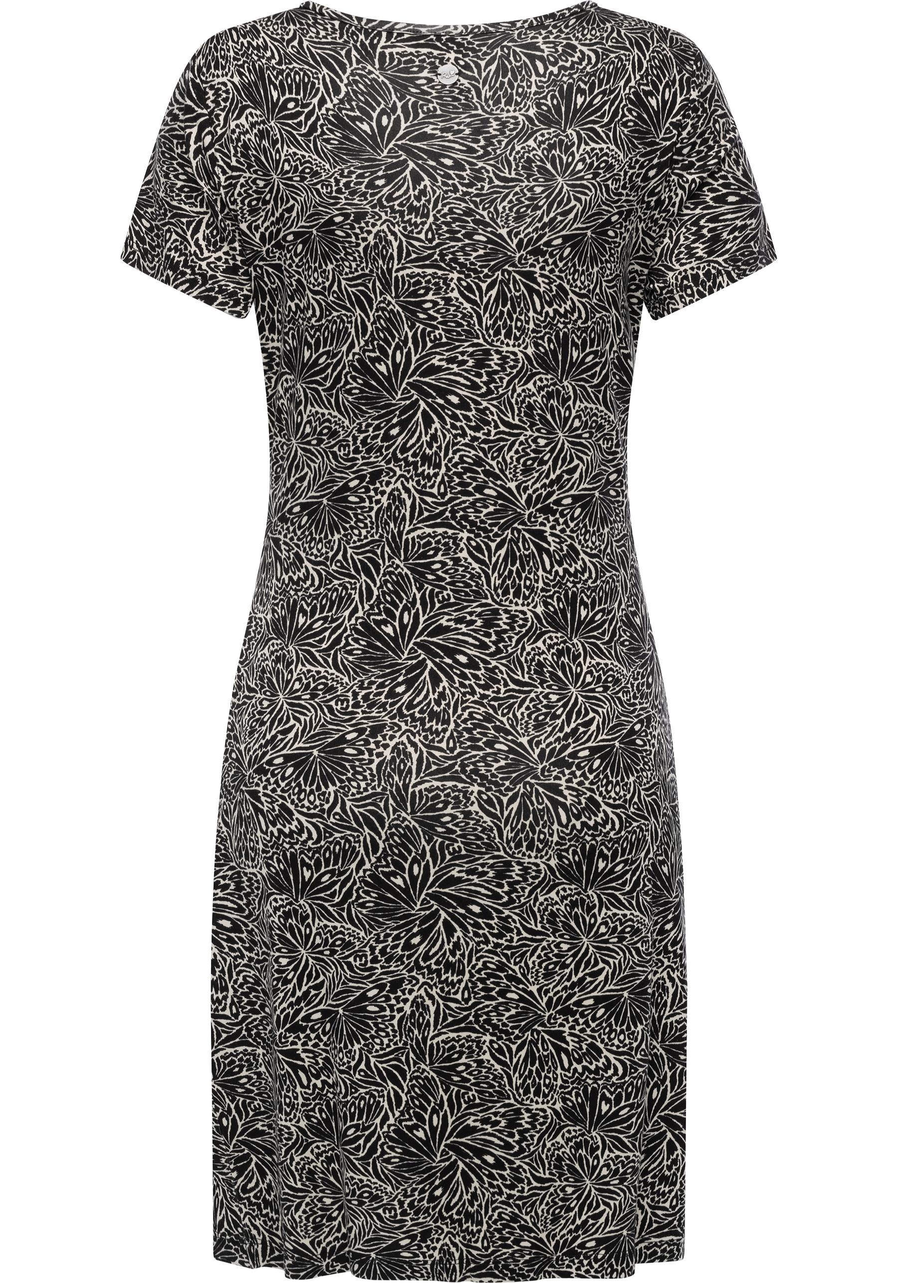Shirtkleid RAGWEAR "Knotta Print", Damen, Gr. XL (42), Normalgrößen, schwarz, Material: 95% Viskose, 5% Elasthan, figurumspielend ca. Mitte Oberschenkel, Rundhals, Ärmel ohne Ärmelschlitz abgesteppte Kante, Kleider Shirtkleid, Kurzarm Sommerkleid mit seit 2