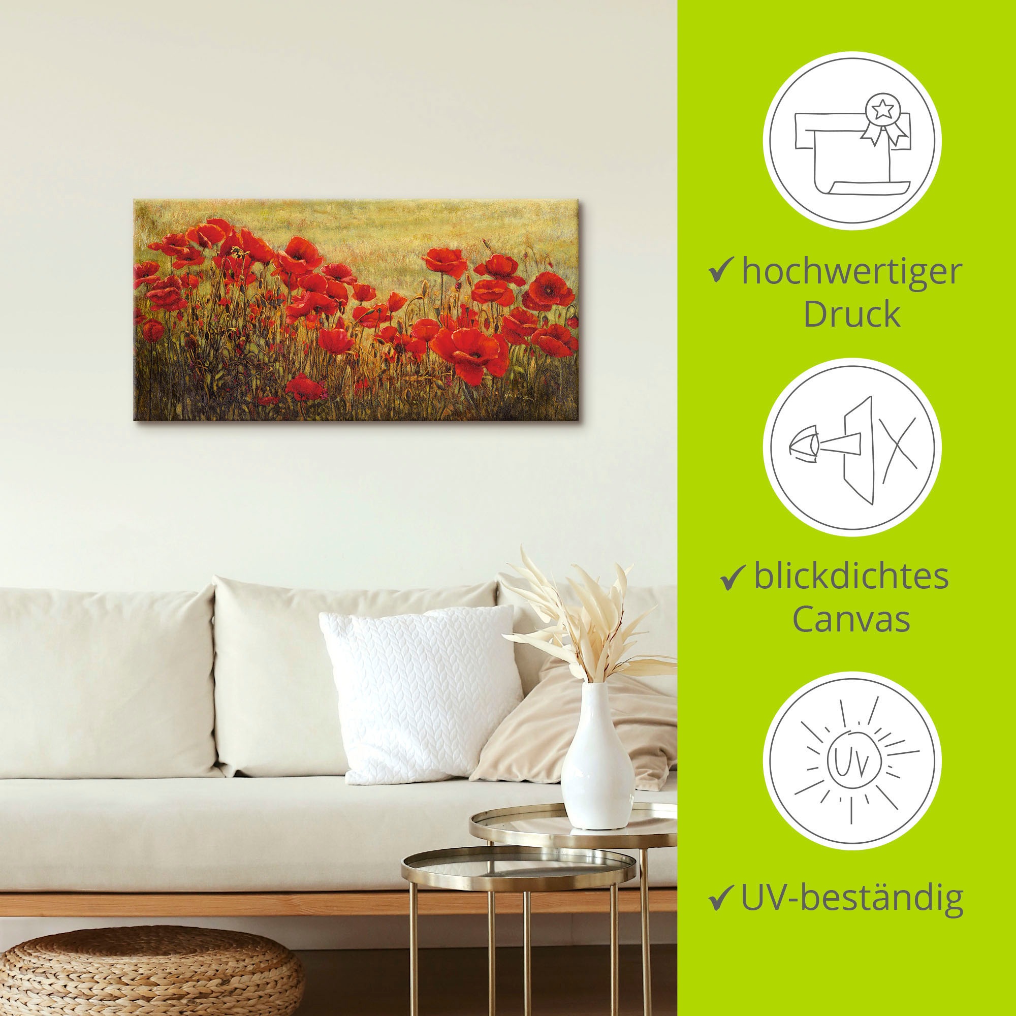 Leinwandbild ARTLAND "Mohnfeld", rot (farbe bild(er): rot), B:150cm H:75cm, Bilder, Leinwandbild, auf Holzrahmen gespannt 3