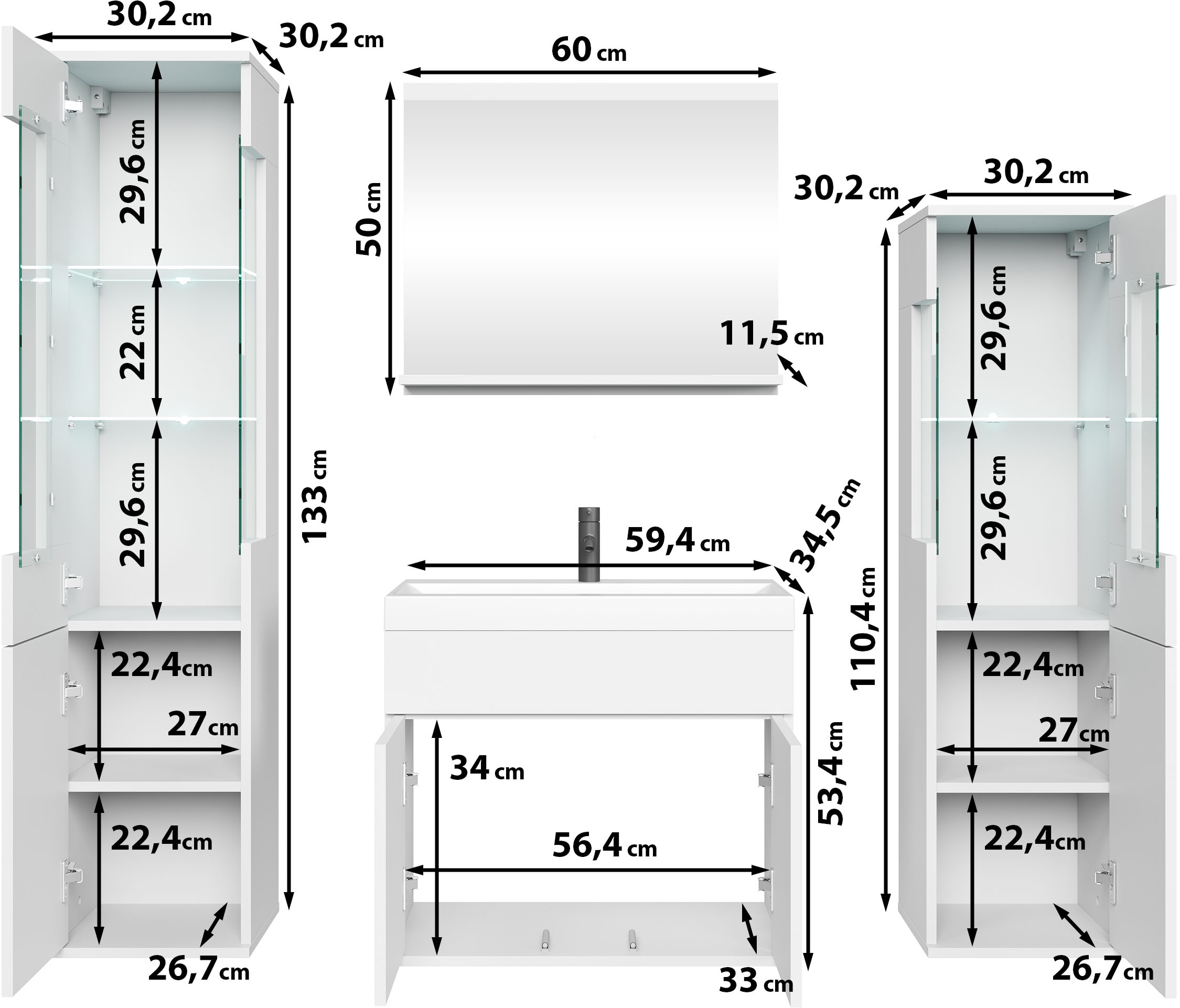 INOSIGN Badmöbel-Set »Kenia«, (Set, 5 St.), Modernes Badmöbel-Set mit viel Stauraum und Glaseinsatz