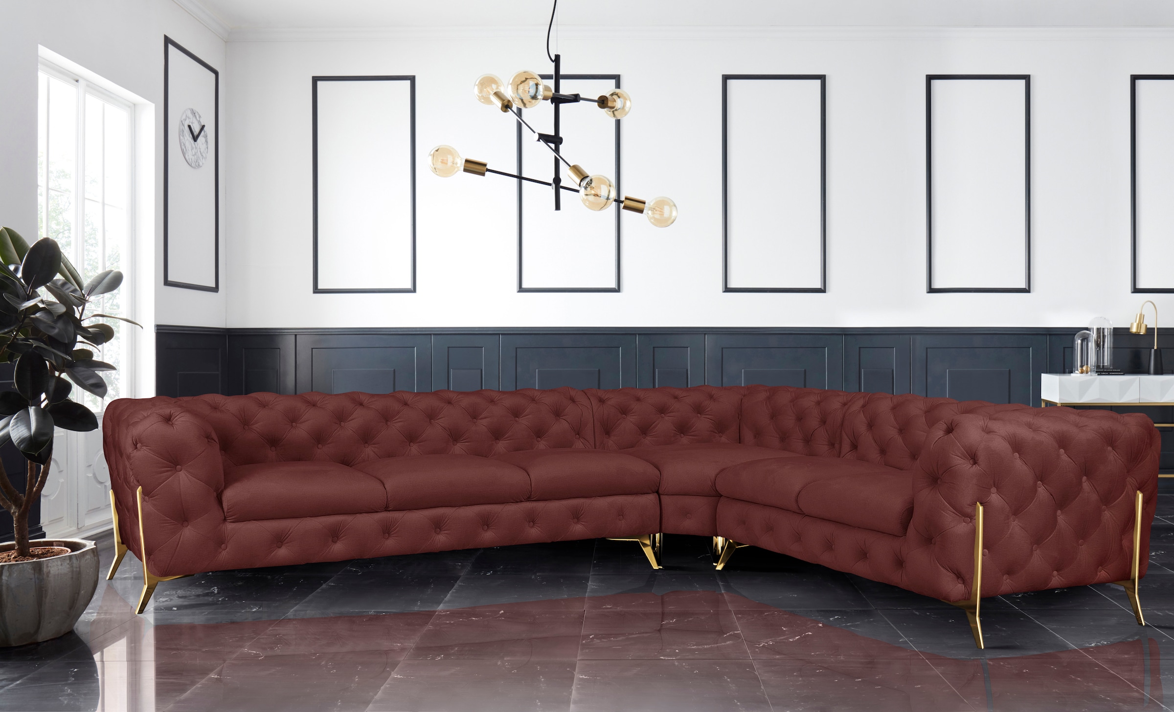 Leonique Chesterfield-Sofa »Amaury L-Form«, großes Ecksofa, Chesterfield-Optik, Breite 323 cm, Fußfarbe wählbar