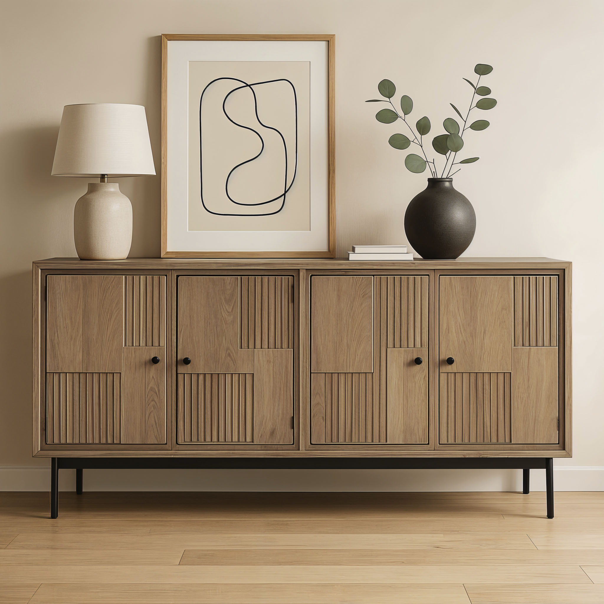SIT Sideboard "Chambéry aus Mangoholz mit 4 Türen & dekorativer Lamellenfront" 1 Stk. tlg. Kunstvolle Holzschnitzereien mit schwarzen Griffen als Kontrast