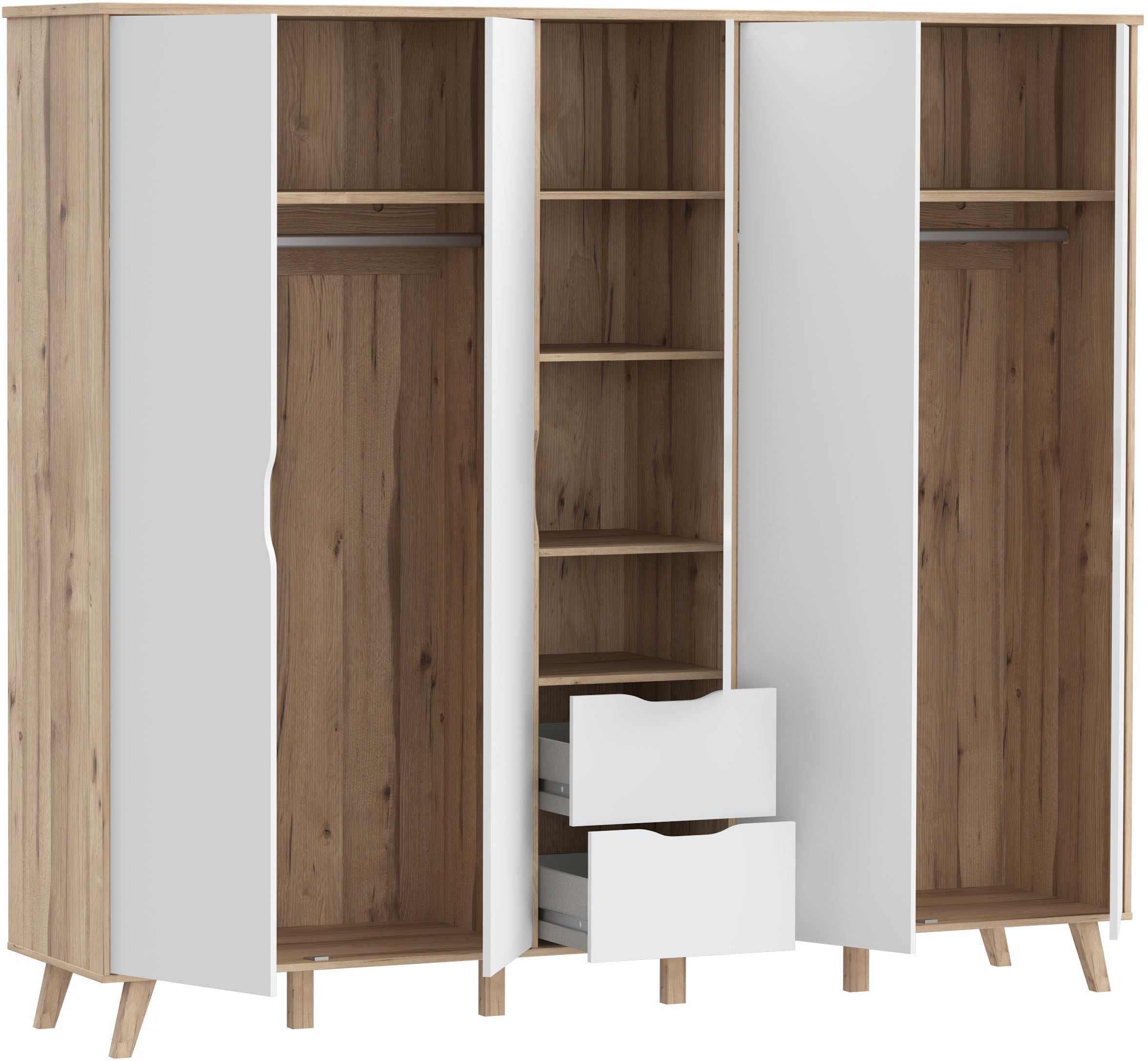 FORTE Kleiderschrank »Vankka, Drehtürenschrank, Viel Stauraum, skandinavischer Stil« Made in Europe, mit Einlegeböden+Kleiderstangen+Schubladen,grifflos