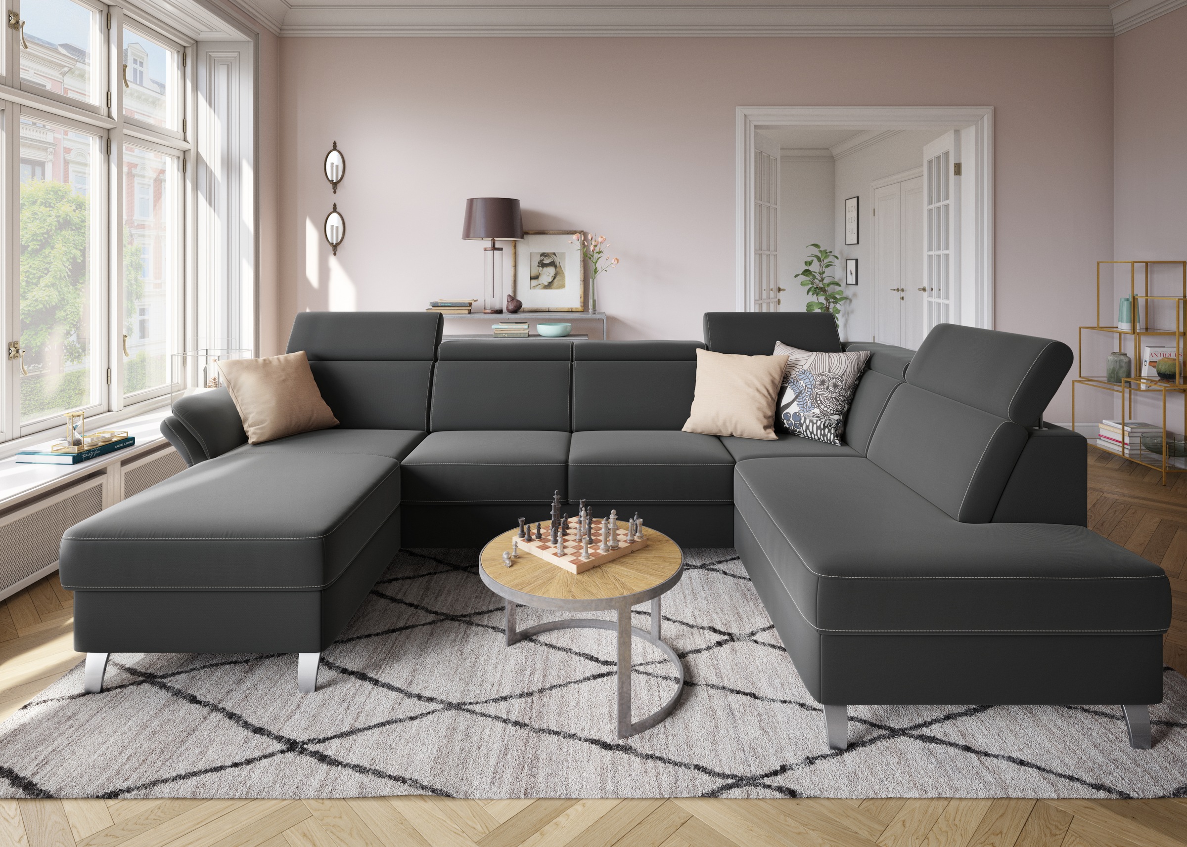 sit&more Wohnlandschaft »Vincenzo U-Form«, inklusive Kopfteilverstellung, wahlweise mit Bettfunktion, Bettkasten