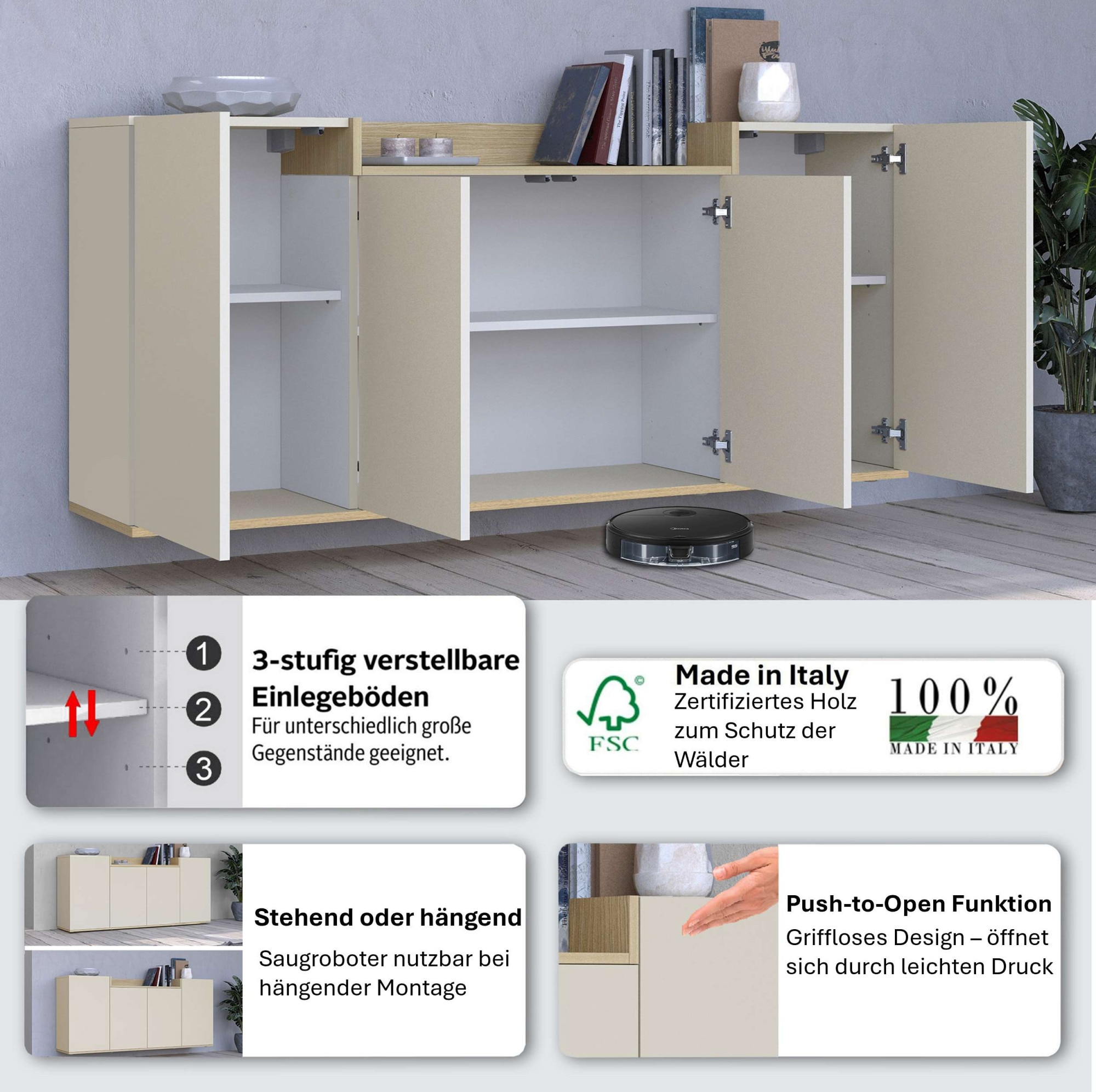OTTO home Sideboard »BOLSENA, Kommode, Schrank,Lowboard mit 6 Fächer und offenes Ablagefach« 1 Stk. tlg. stehend/hängend montierbar, Made in Italy, B/T/H: 160 × 35 × 71,2 cm