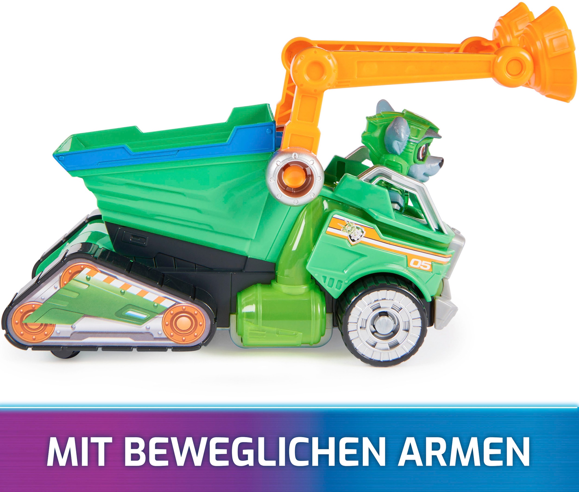 Spin Master Spielzeug-Auto »Paw Patrol - Movie II - Basic Themed Vehicles Rocky«, Mülltransporter mit Welpenfigur, Licht- und Soundeffekt