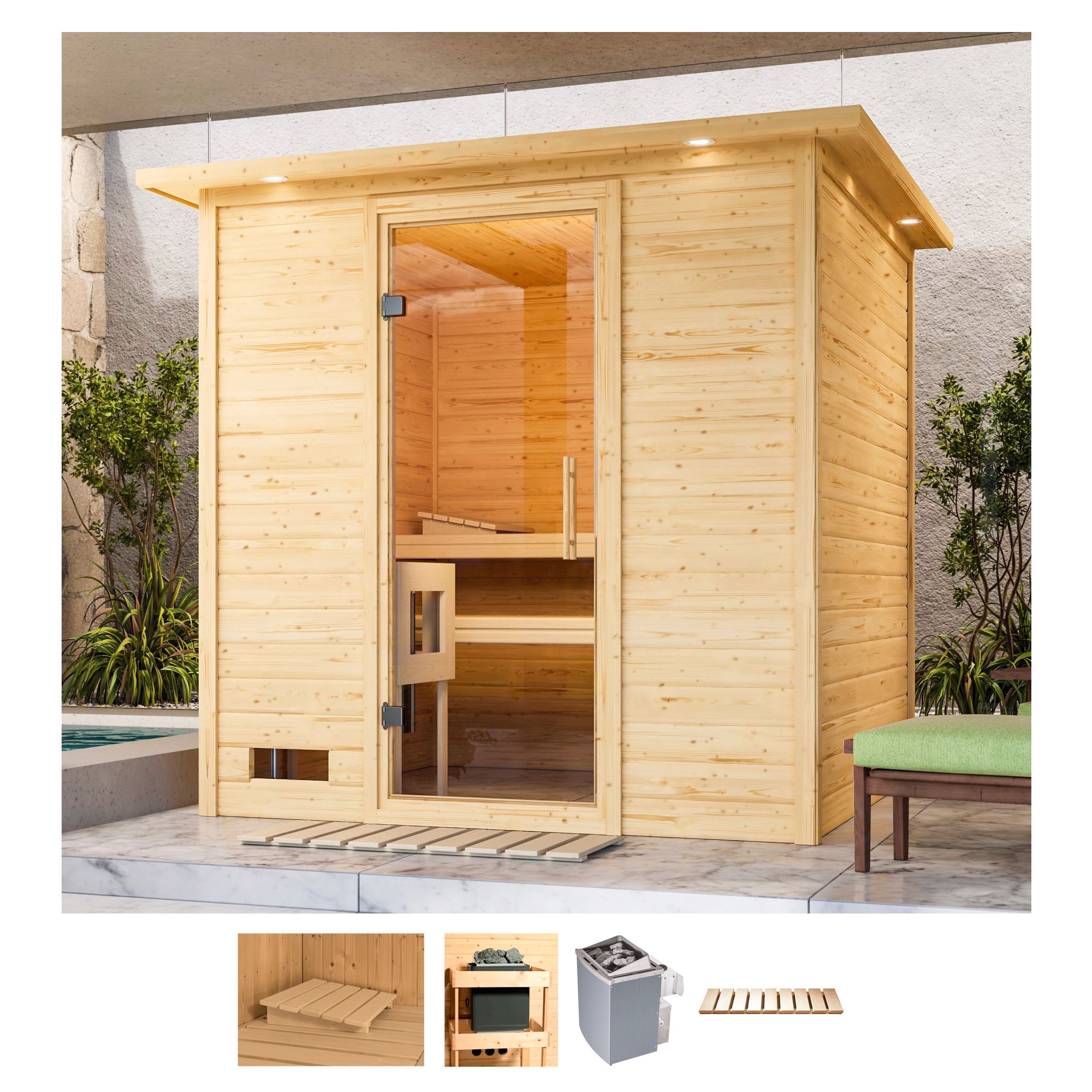 Karibu Sauna »Menja«, (Set), 9-kW-Ofen mit integrierter Steuerung