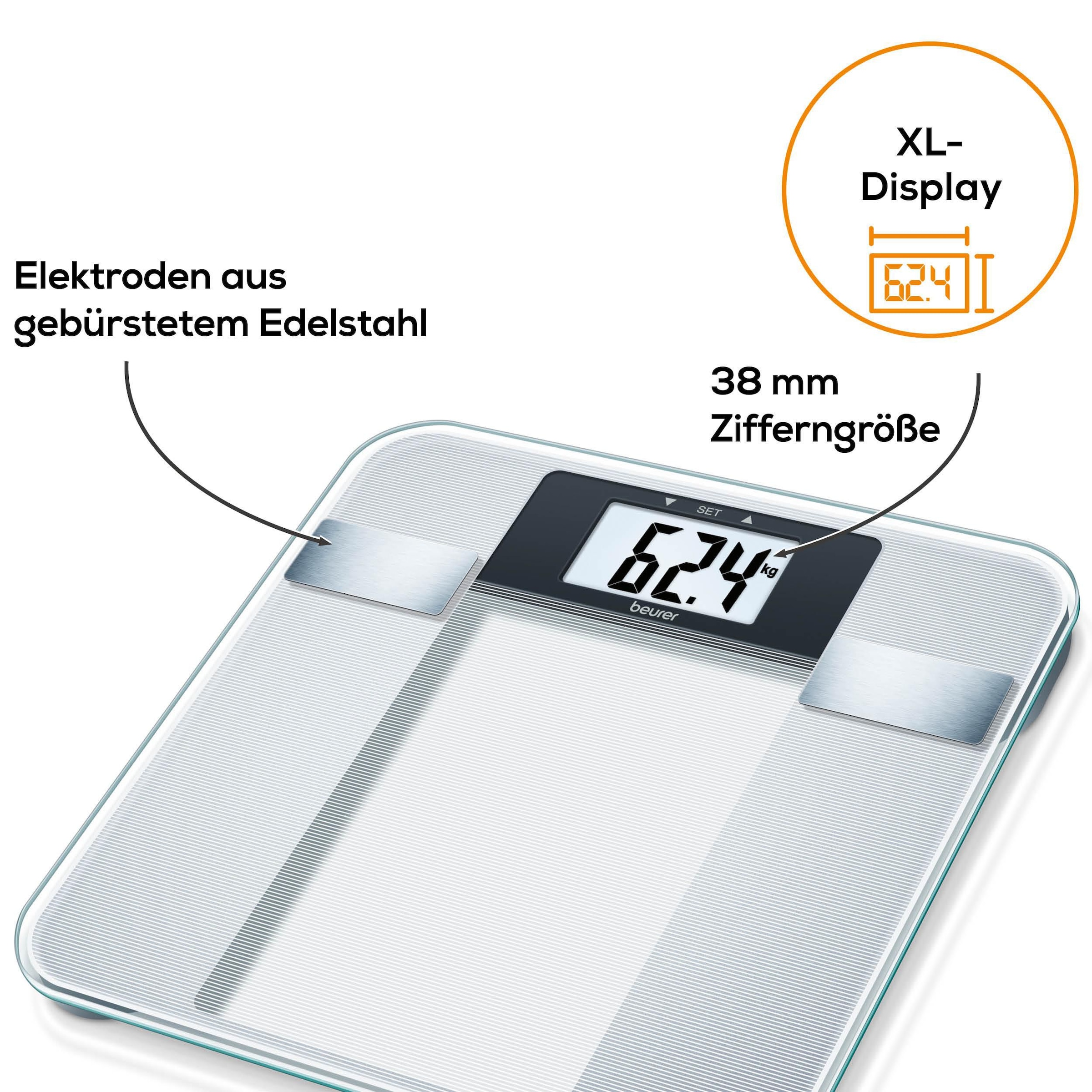 BEURER Körper-Analyse-Waage »BG 13 zur Messung von Gewicht, Körperfett, Körperwasser, Muskelanteil«, Trittfläche aus Sicherheitsglas, Tragkraft bis 150 kg