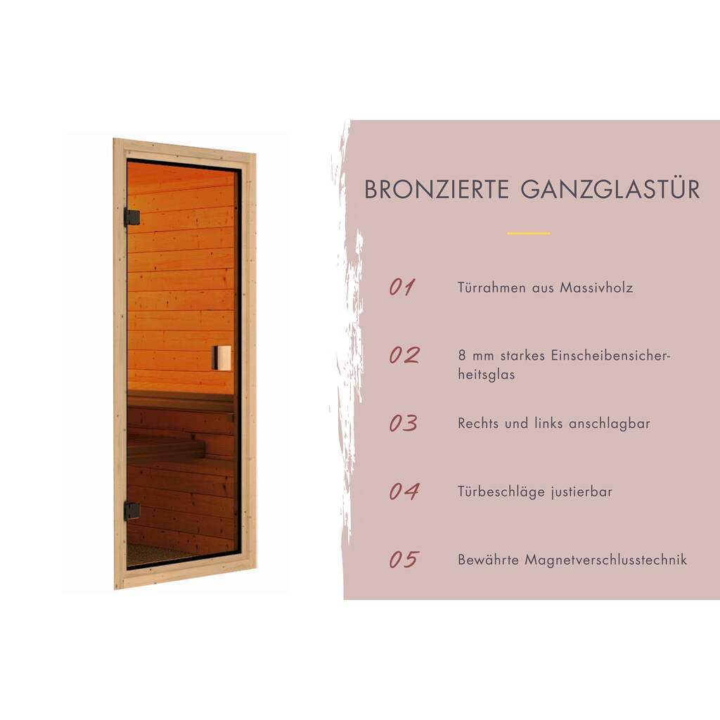 Karibu Sauna »"Homa " mit bronzierter Tür naturbelassen mit Ofen 9 kW integr. Strg.«