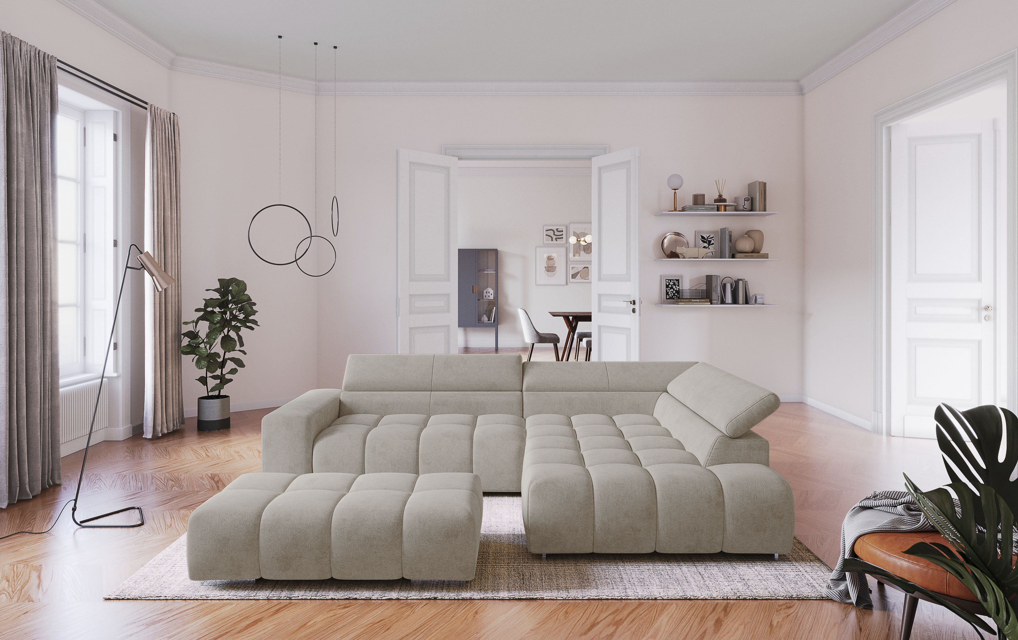 COTTA Ecksofa "Orion L-Form, B: 310 cm, moderne Steppung, bequeme Wellenunterfederung" Kopfteilverstellung & 5 Nierenkissen