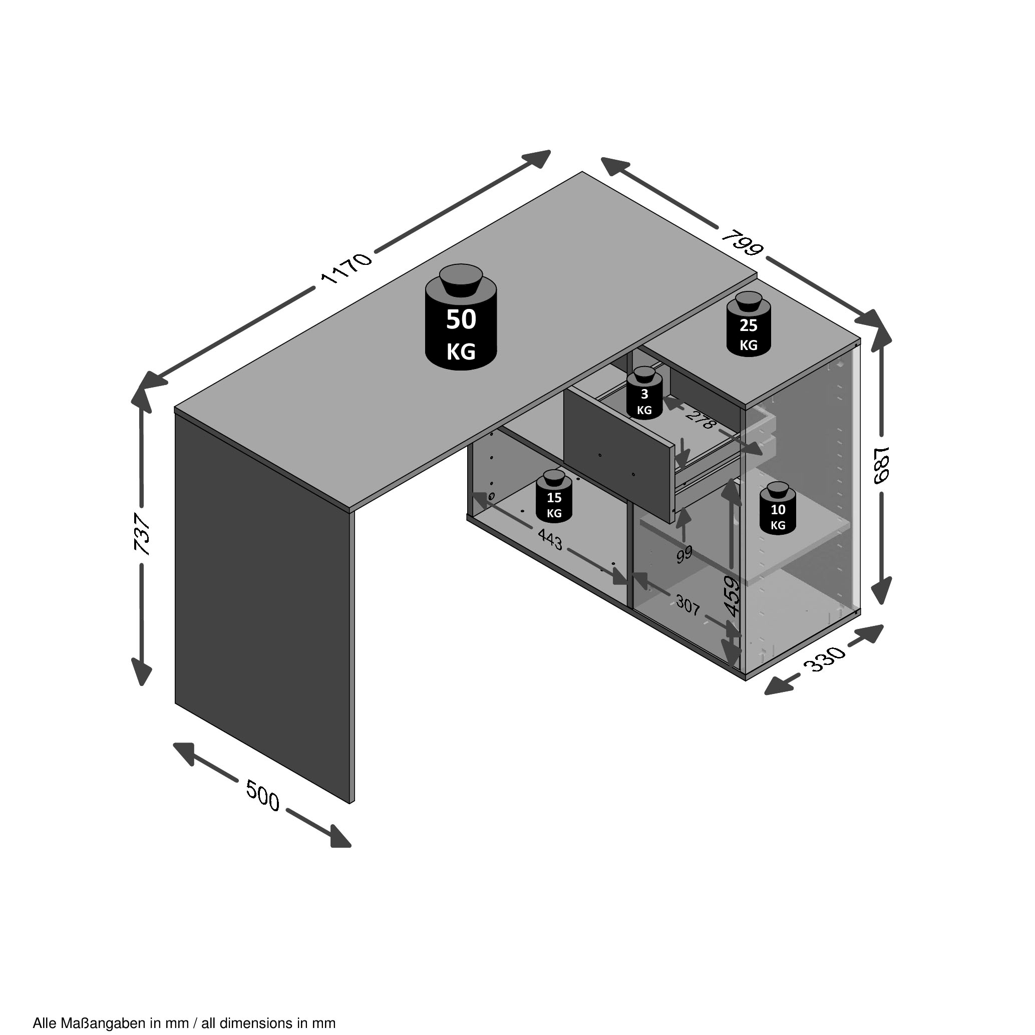 FMD Eckschreibtisch »ALBRECHT«, Schreibtisch / Sideboard mit Stauraum,  drehbar, Breite 117/148 cm | BAUR