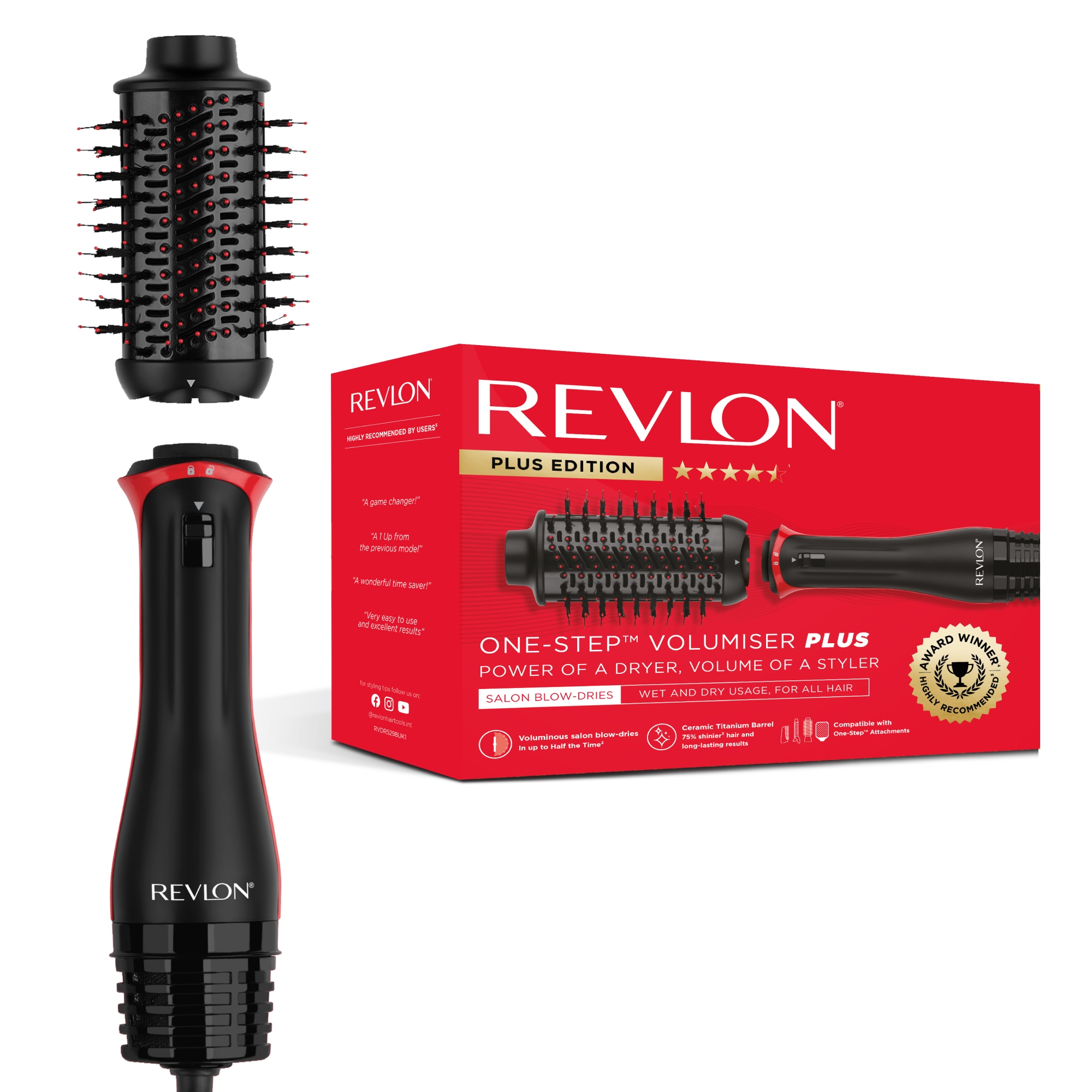 Revlon Warmluftbürste "One-Step Volumiser Plus RVDR5298E" 1 Aufsätze Abnehmbarer Kopf, Keramik Titan Platte
