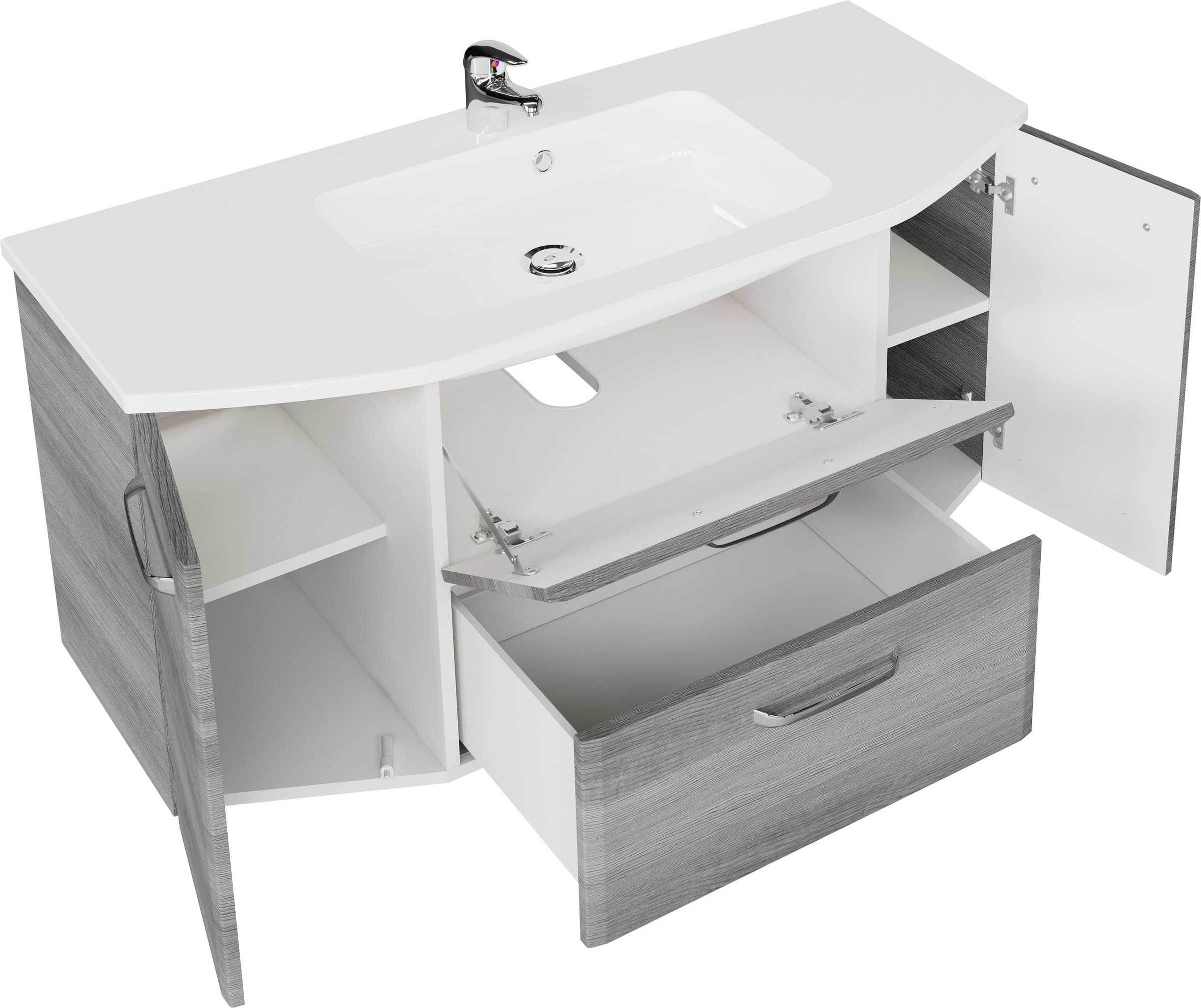 Saphir Badmöbel-Set »Quickset 3-teilig, Mineralmarmor-Waschtisch und LED-Spiegelschrank«, (4 St.), mit Hochschrank, inkl. Türdämpfer, 7 Türen, 1 Klappe, 2 Schubladen