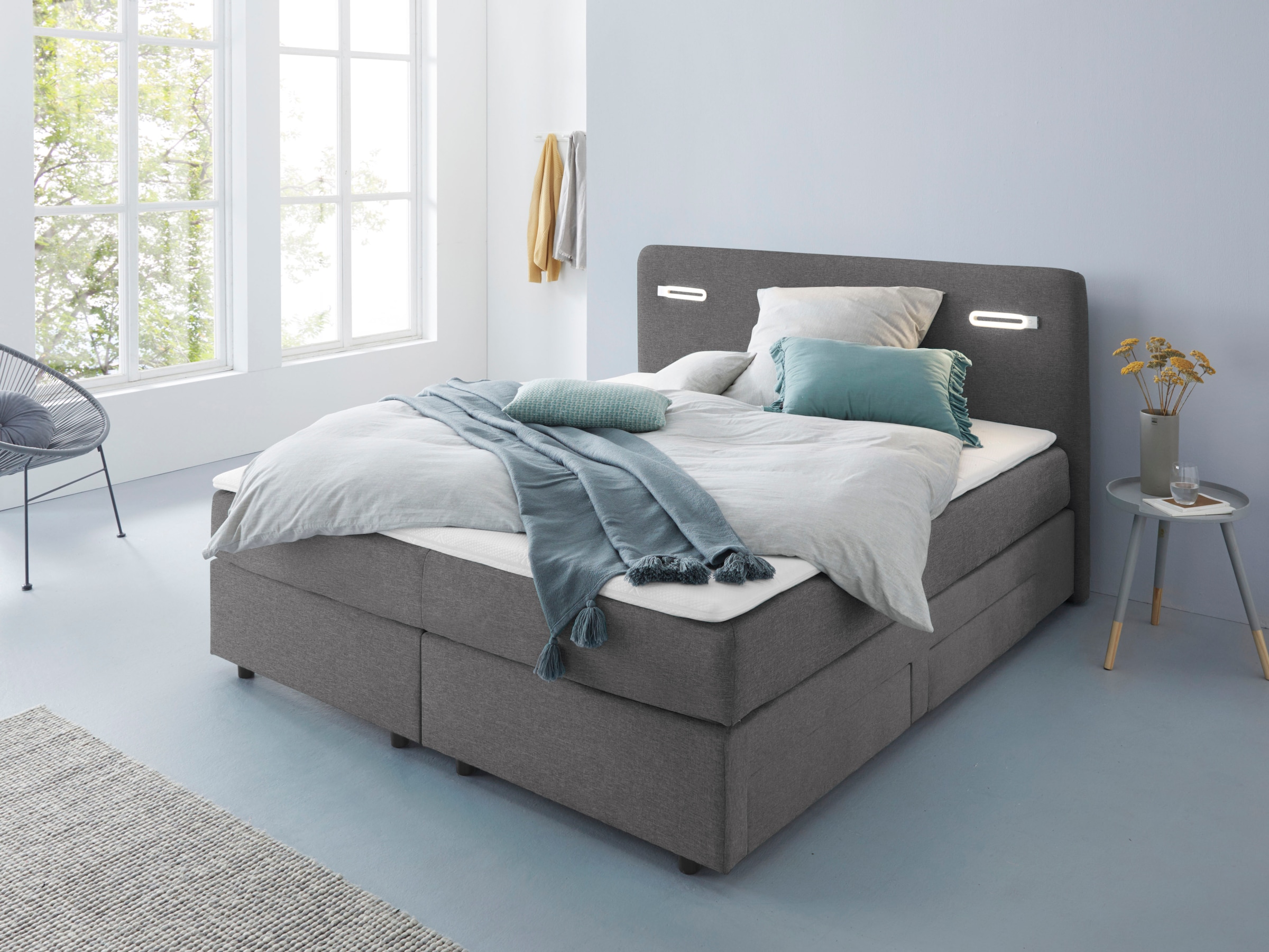 INOSIGN Boxbett "Luan", Schubkästen, LED-Beleuchtung und Topper, in Breite 120 cm und 180 cm