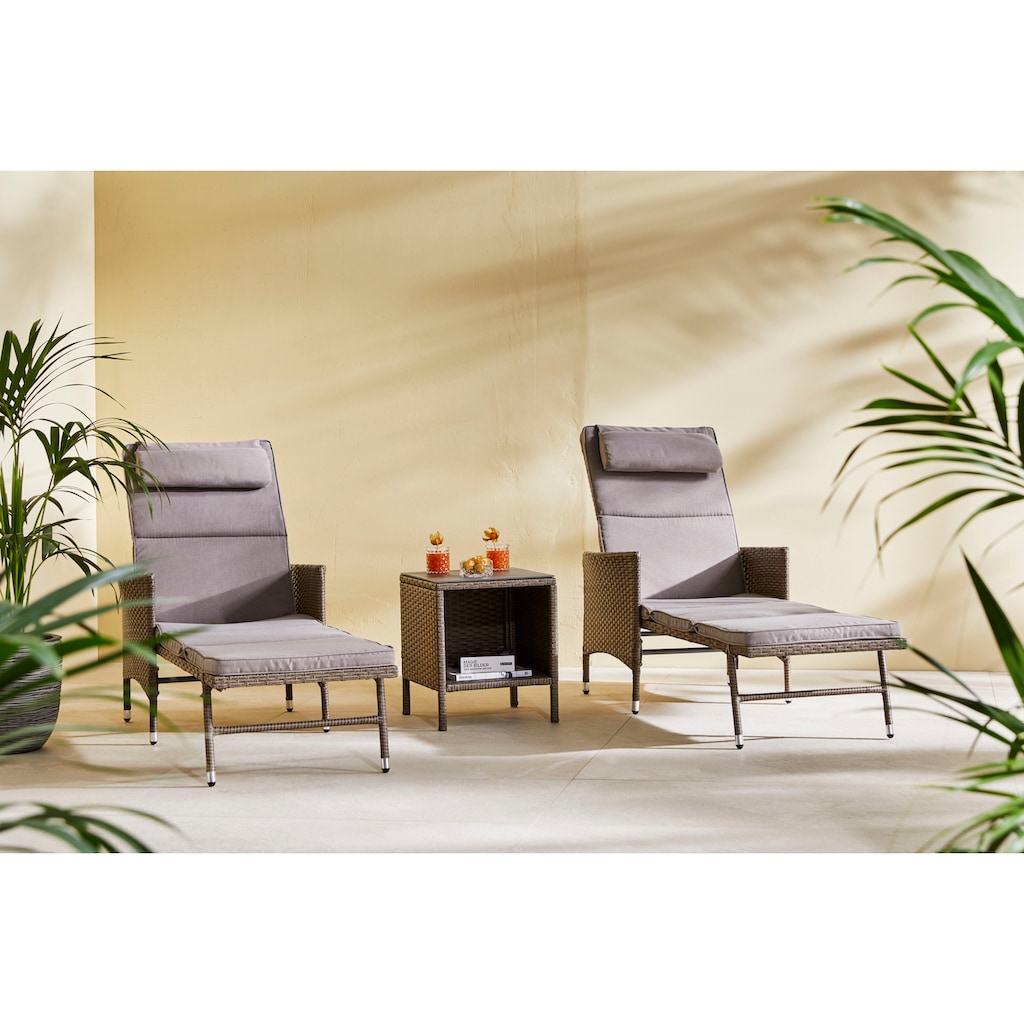 KONIFERA Gartenliege »Mailand«, (Set, 5 St., 2x Liege, 1x Tisch 42x42x48, Stahl /Polyrattan), inkl. Auflagen