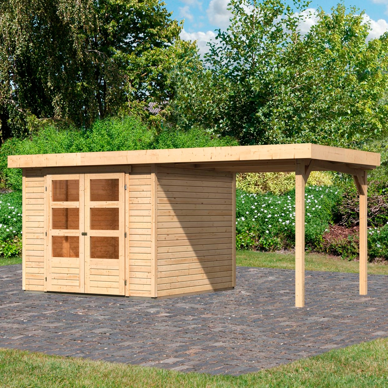 Karibu Holz-Gartenhaus Boras Natur Flachdach Unbehandelt 238 cm x 242 cm günstig online kaufen