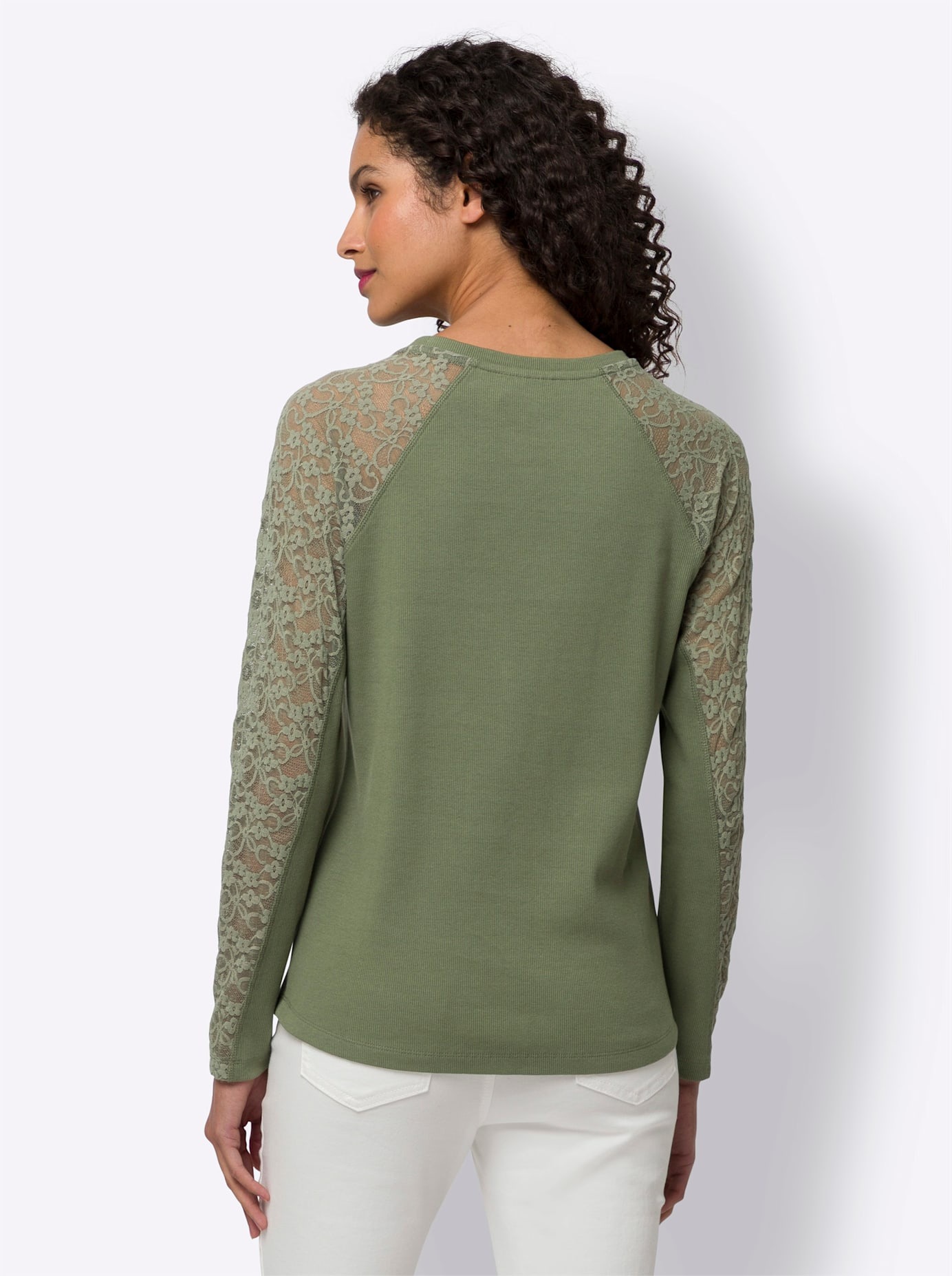 Spitzenshirt HEINE "Shirt", Damen, Gr. 38, grün (khaki), 95% Baumwolle, 5% Elasthan, unifarben, Rundhals, Shirts 2