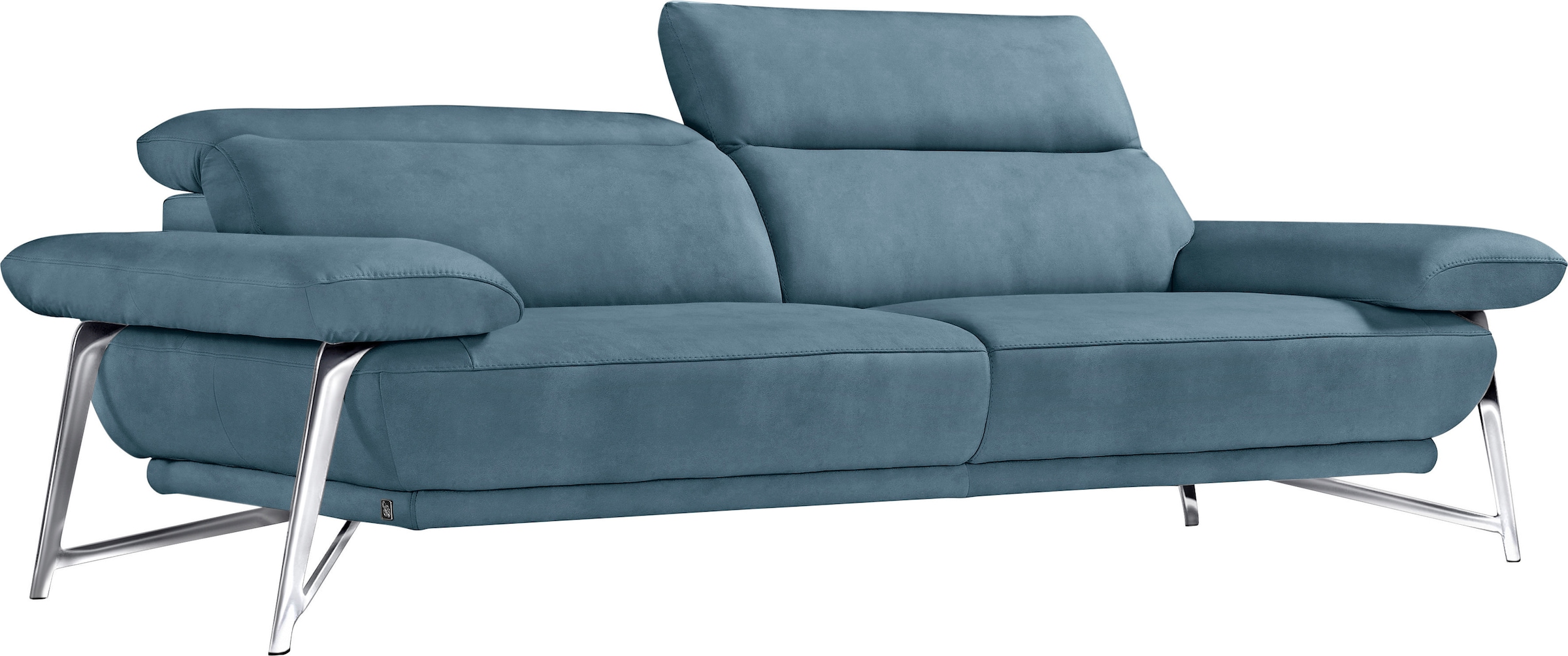 Egoitaliano 2,5-Sitzer »Anais, Designsofa mit erstklassigem Sitzkomfort, Fußfarbe chrom« Kopfteil verstellbar, 232 cm, Luxus-Microfaser Lederoptik, hellblau