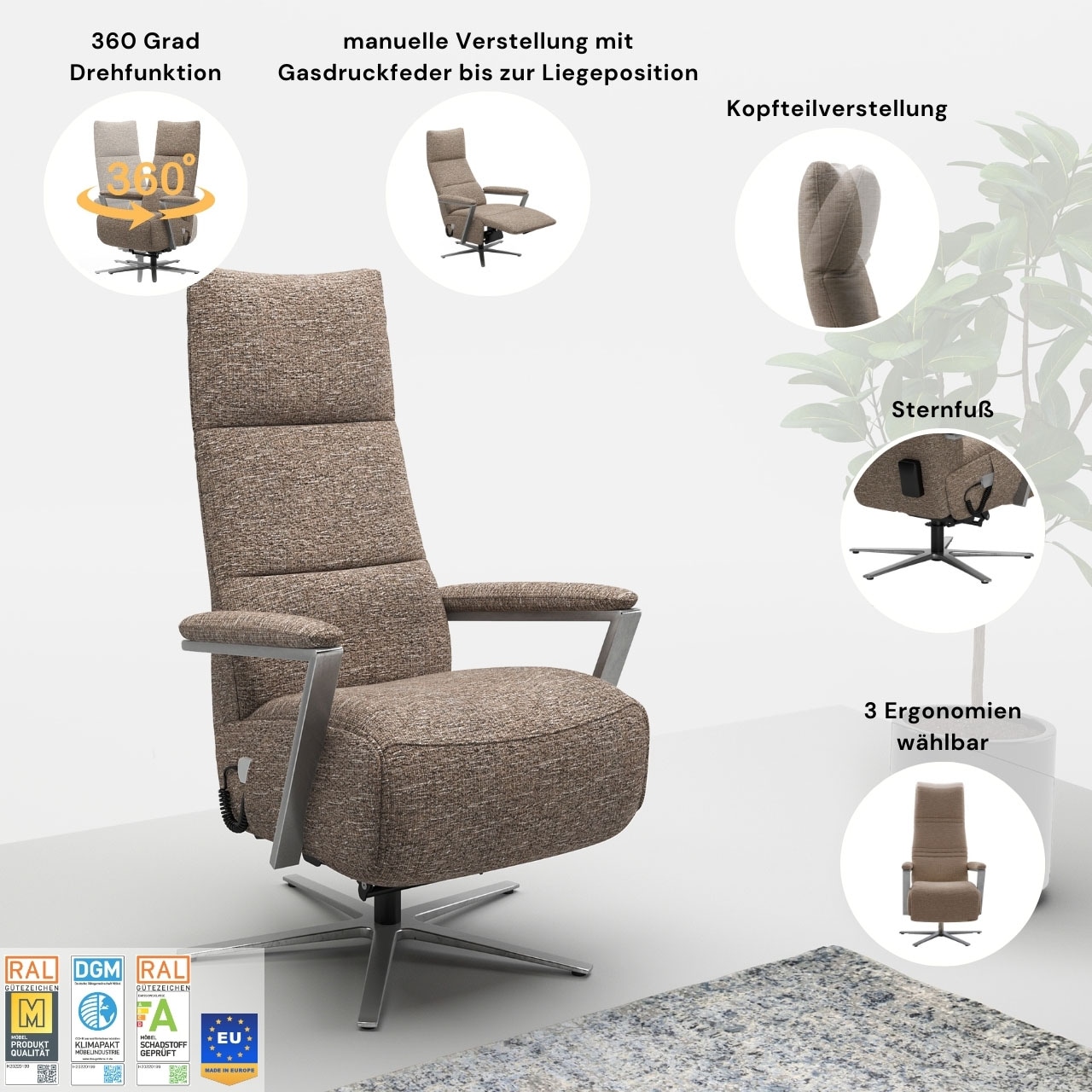 sit&more TV-Sessel »Vario Comfort, inkl. Kopfteilverstellung & 360 Grad Drehfunktion«, inkl. Herz-Waage-Funktion & 3 Motoren, Höhe der Armlehnen 64cm