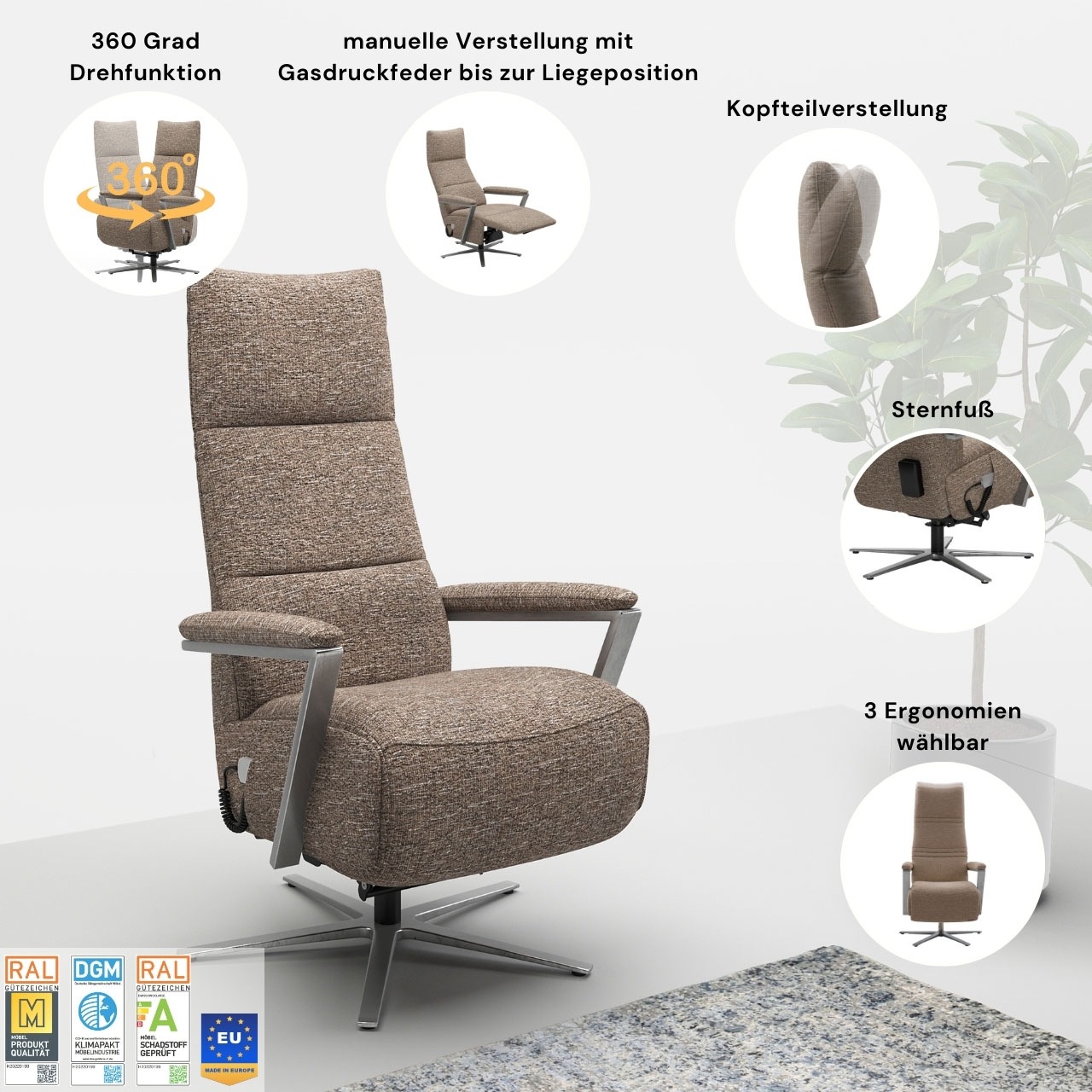sit&more "Vario Comfort, inkl. Kopfteilverstellung & 360 Drehfunktion" mit Gasdruck, Höhe der Armlehnen 64cm