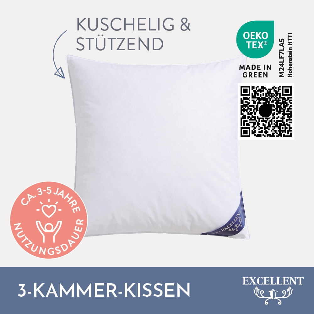 Excellent 3-Kammer-Kopfkissen »Venedig Kissen erhältlich im Einzel- oder Doppelpack!«, Füllung: 60% Daunen Außenkammer, Bezug: 100% Baumwolle, hergestellt in Deutschland, allergikerfreundlich.