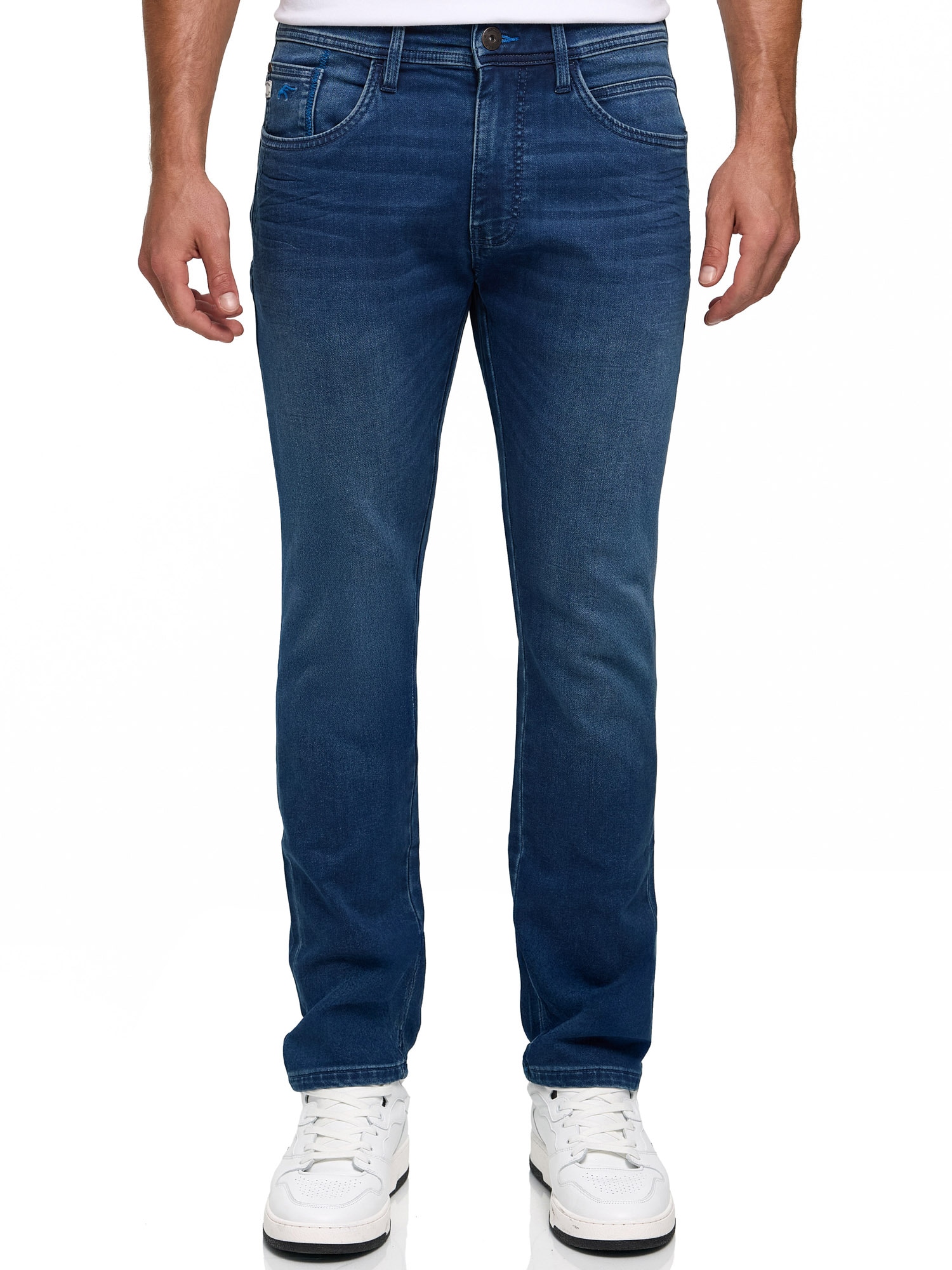 Regular-fit-Jeans INDICODE "INCoil", Herren, Gr. 33, Länge 34, blau (medium indigo), Denim/Jeans, Obermaterial: 77% Baumwolle, 21% Polyester, 2% Elasthan, Abriebeffekte, regular fit knöchellang, Jeans, Baumwollmischung, regular fit