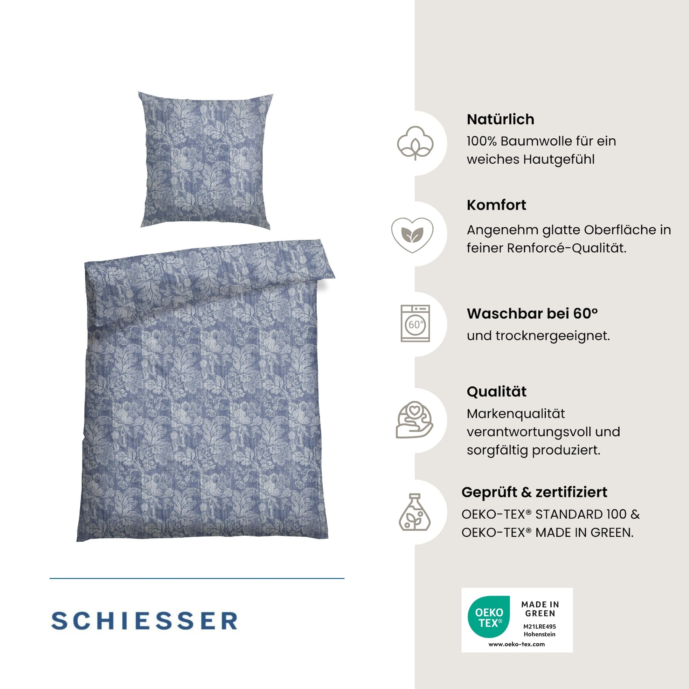 Schiesser Bettwäsche »Missy aus reiner Baumwolle in Renforcé-Qualität mit Blattmuster« 2 Stk. OEKO-TEX® MADE IN GREEN